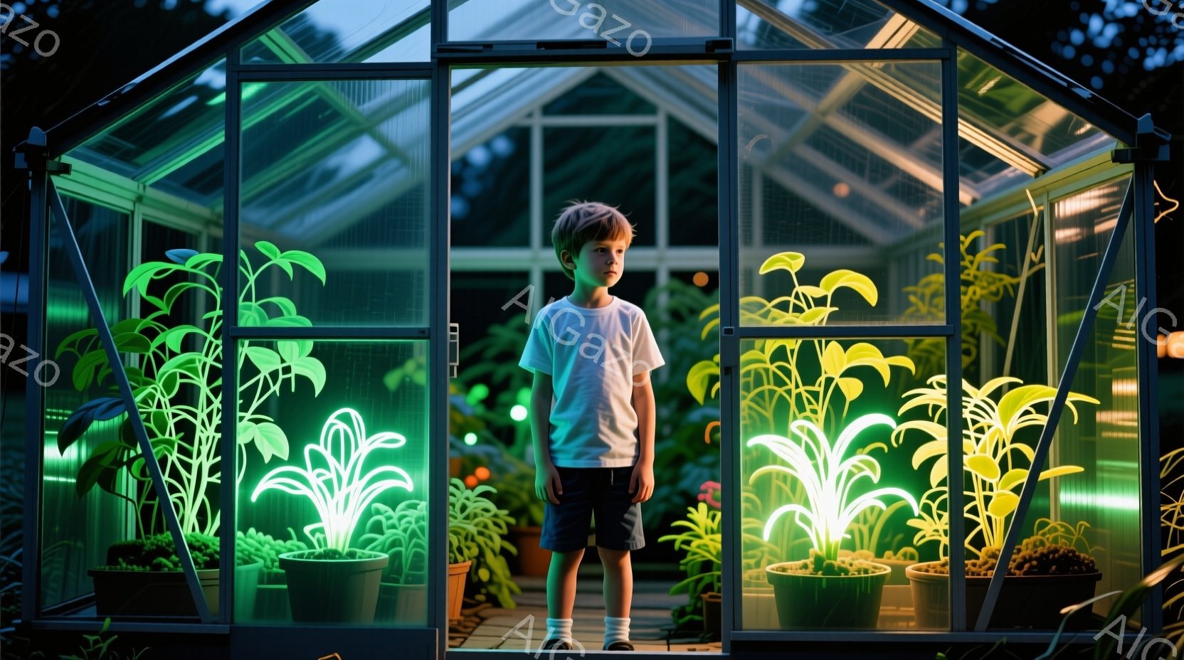 小さな少年が植物園の入り口に立っている。白いTシャツと短パンを着用し、やや不安げな表情をしている。背景には緑豊かな植物が並び、夕暮れ時の柔らかな光が差し込んでいるため、幻想的で落ち着いた雰囲気である。