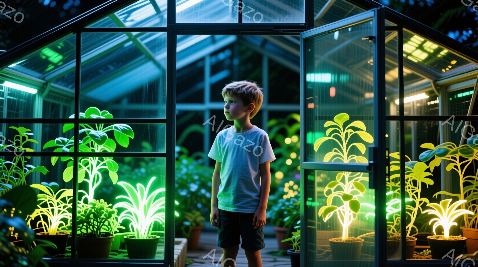 金髪の少年が、植物が並んだ温室の中で立っている。白いTシャツと短いズボンを着用し、少し上目遣いで何かを見つめているような表情をしている。温室全体が緑色の光で照らされ、幻想的で神秘的な雰囲気を醸し出している。