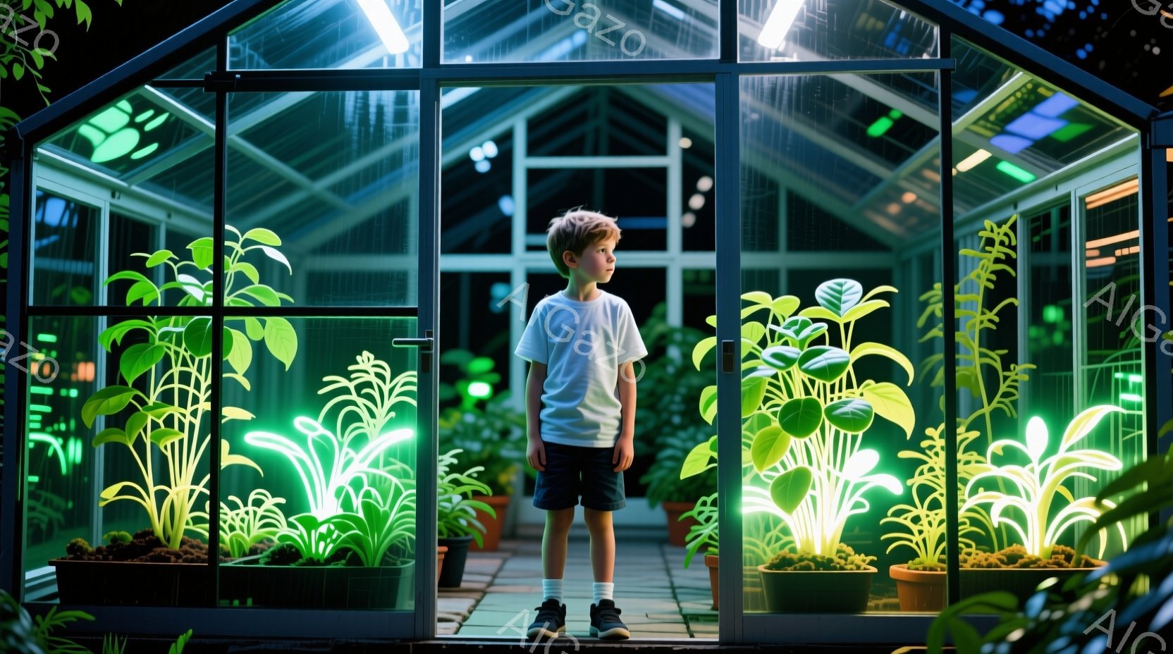 明るい温室の中に、少年が立っている。彼は白いTシャツと紺色の短パン、黒い靴下とスニーカーを履き、前を見つめている。温室の中には様々な緑色の植物が植えられた鉢が並び、蛍光灯のような光が植物を照らしている。