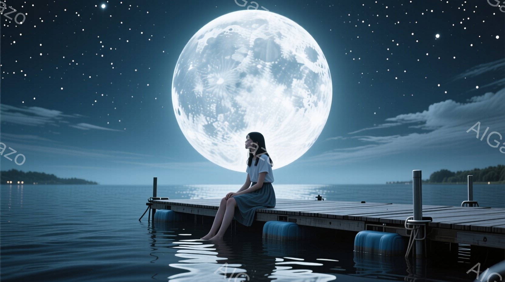 暗い水面の上に設置された古い桟橋に、若い女性が座っている。彼女はシンプルな白いシャツと薄緑色のスカートを着ており、長い黒髪を後ろでまとめている。満月が大きく輝き、夜空と水面にその光を反射しており、静かで少し物悲しい雰囲気を醸し出している。