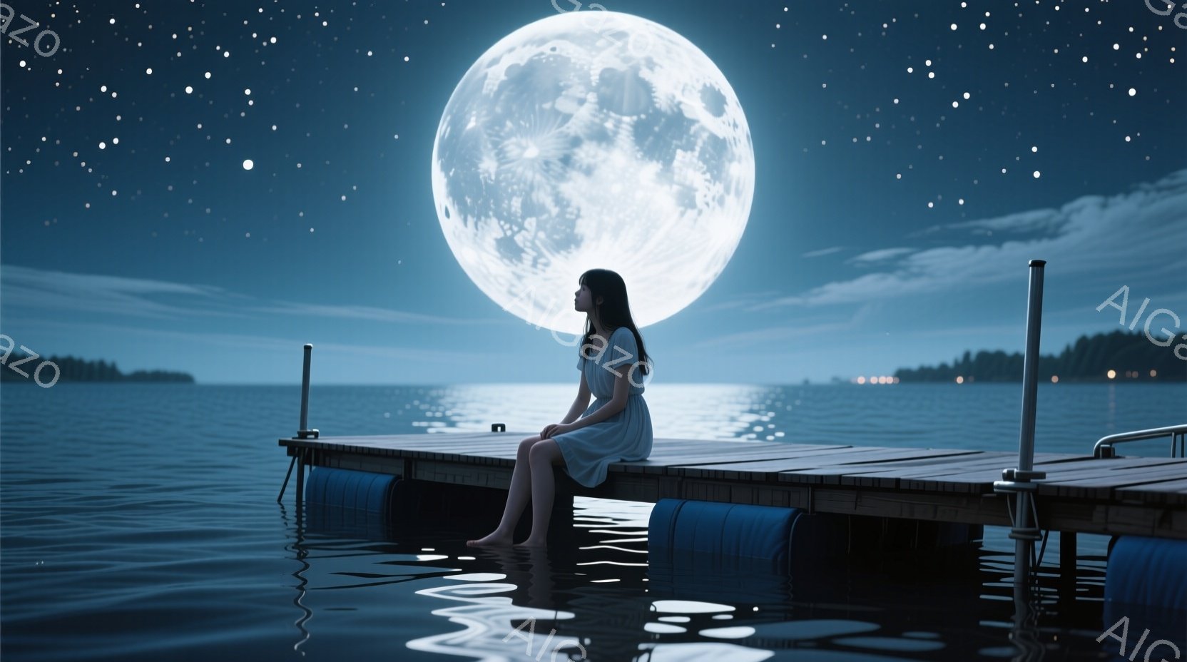 長い黒髪の女性が、桟橋に座って静かに湖を見つめている。白いワンピースを着ており、足は水面に触れている。背景には満月が輝き、遠くには木々のシルエットが見え、全体的に静かで幻想的な雰囲気を醸し出している。