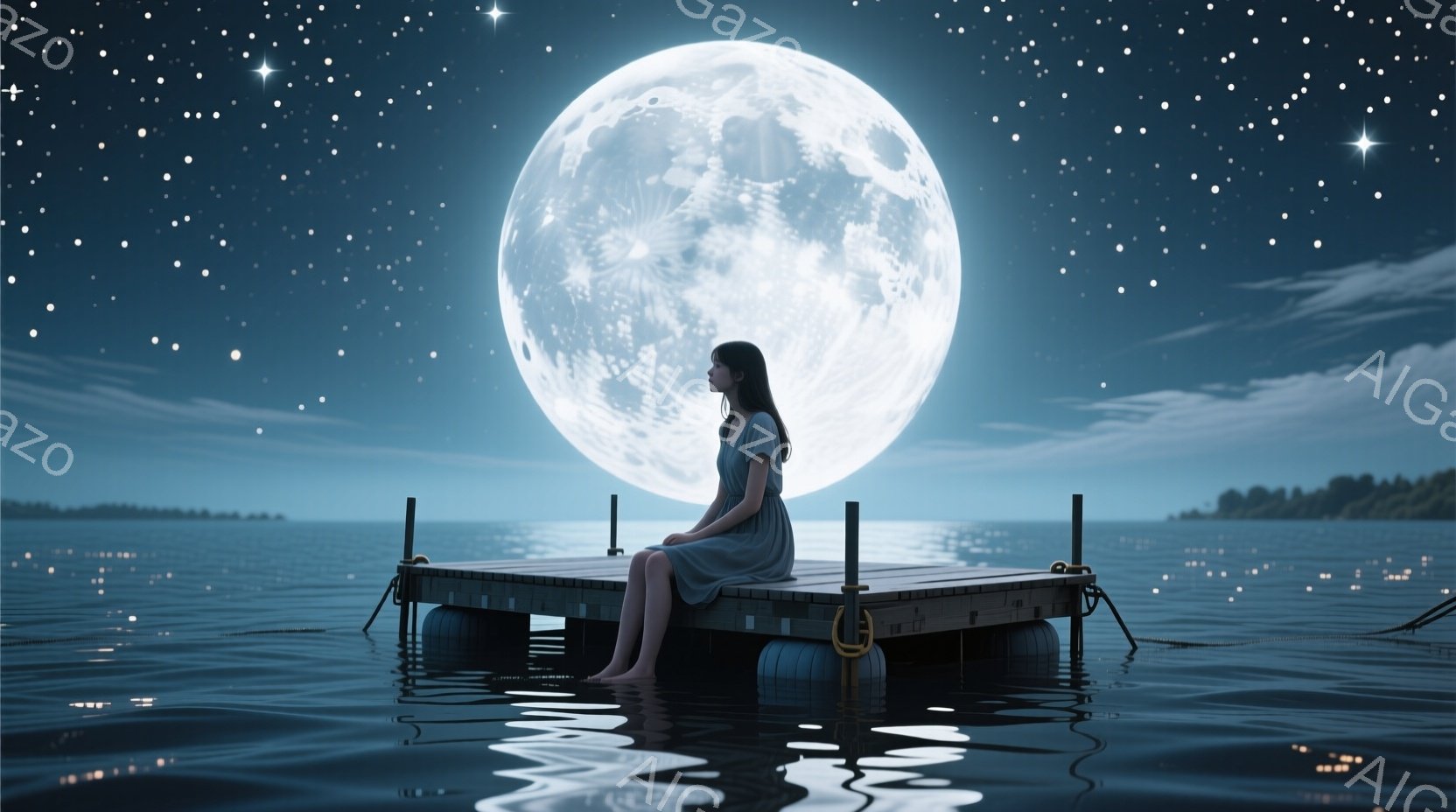 少女は、暗い水面の上に浮かぶ小さな桟橋に座り、遠くを見つめています。彼女はグレーのワンピースを着ており、長くストレートの髪は背中に広がっています。背景には満月が輝き、水面に無数の光の反射が散りばめられ、静かで幻想的な雰囲気を醸し出しています。
