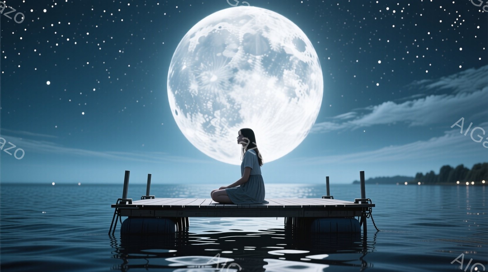 少女は、木製の桟橋に座り、膝を抱えて海を眺めている。彼女は、肩まで伸ばした暗い髪をしており、表情は穏やかで物憂げだ。背景には、満月が輝き、暗い海面には小さな光が点在し、静かで幻想的な雰囲気を醸し出している。