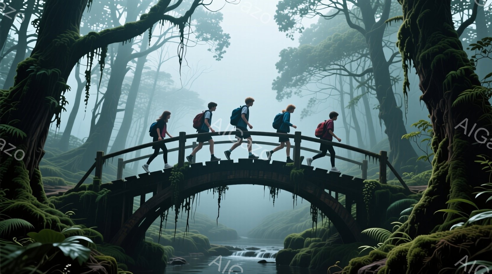 苔むしたアーチ橋の上を、リュックを背負った若い男女５人が歩いている。彼らは皆、動きのあるポーズで、少し前かがみになり、周囲の自然に興味を示しているようだ。背景は鬱蒼とした森で、霧が立ち込め、滝が流れ落ちる音が聞こえてきそうな、神秘的で静謐な雰囲気を醸し出している。