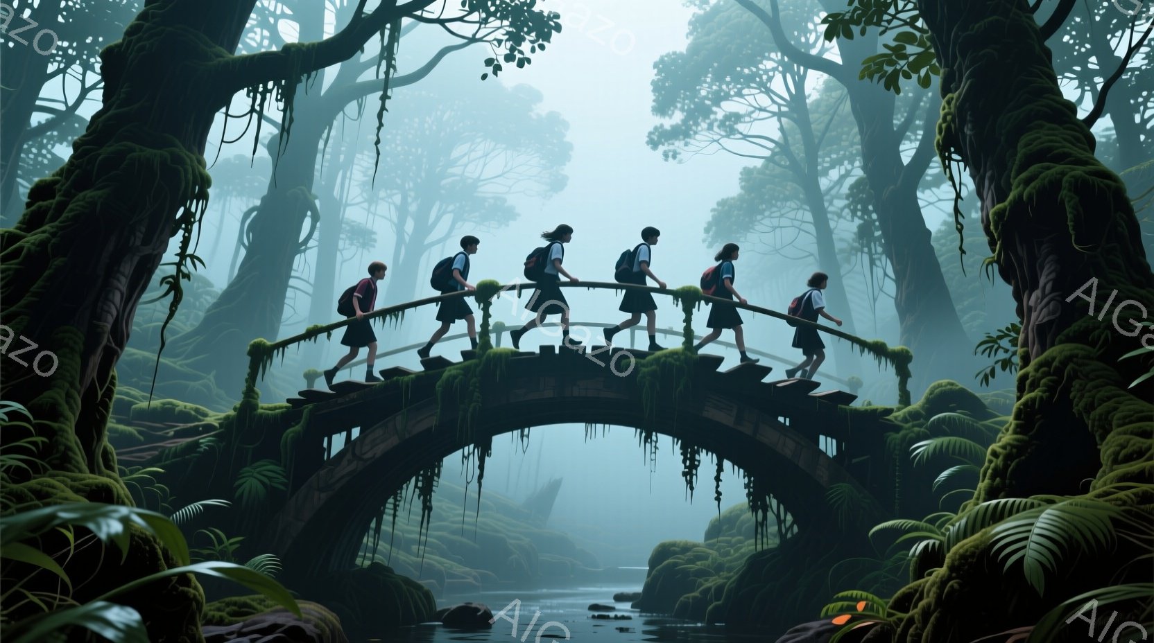 鬱蒼とした緑の植物に覆われたアーチ橋の上を、リュックを背負った子供たちが歩いている。彼らは皆、濃い茶色の髪で、白いシャツと紺色のズボンまたはスカートを着ており、前を向いて歩いているため表情ははっきりしない。背景は深い緑の森で、霧が立ち込め、静かで神秘的な雰囲気を醸し出している。