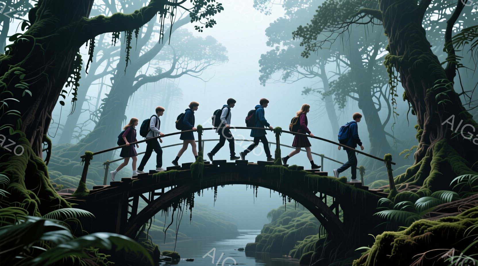 霧深い森の中に架かるアーチ状の石橋を、リュックを背負った若者たちが歩いている。彼らは皆カジュアルな服装で、短い髪や三つ編みなど、多様なヘアスタイルをしているが、表情ははっきりと見えない。背景は緑豊かな植物に覆われ、湿った雰囲気で、まるでファンタジー映画のような神秘的な情景が広がっている。