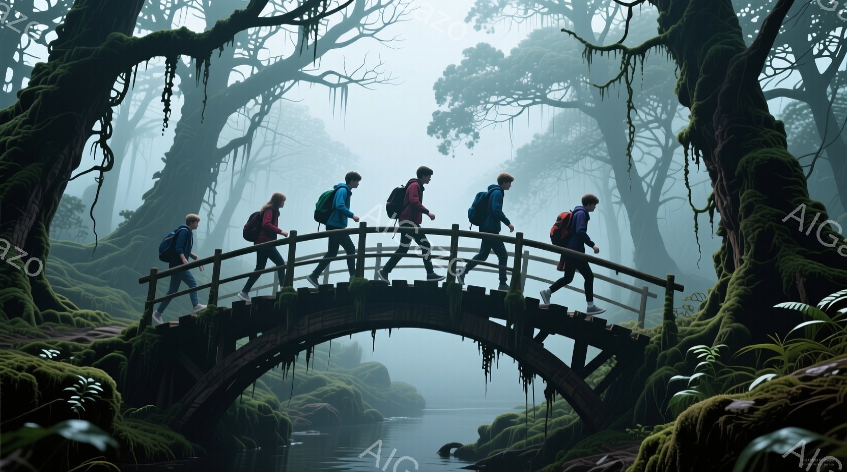 苔むしたアーチ橋を歩く、バックパックを背負った５人の人々が写っています。彼らは皆、カジュアルな服装で、赤、青、黒などの明るい色の服を着ており、それぞれ異なる髪型をしています。背景は深い霧に覆われた森林で、緑豊かな植物と木々が生い茂り、神秘的で静寂な雰囲気を醸し出しています。