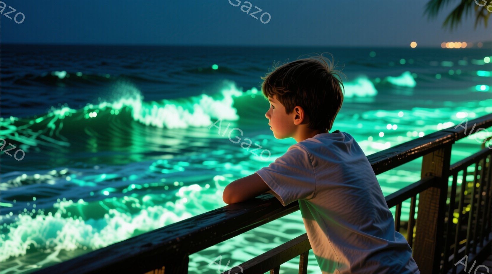 若い少年がバルコニーの手すりに寄りかかり、波が打ち寄せる夜の海を眺めている。彼は白いTシャツを着ており、少しカールした茶髪をしている。背景には、光る波と遠くの建物が見え、全体的に静かで神秘的な雰囲気が漂っている。