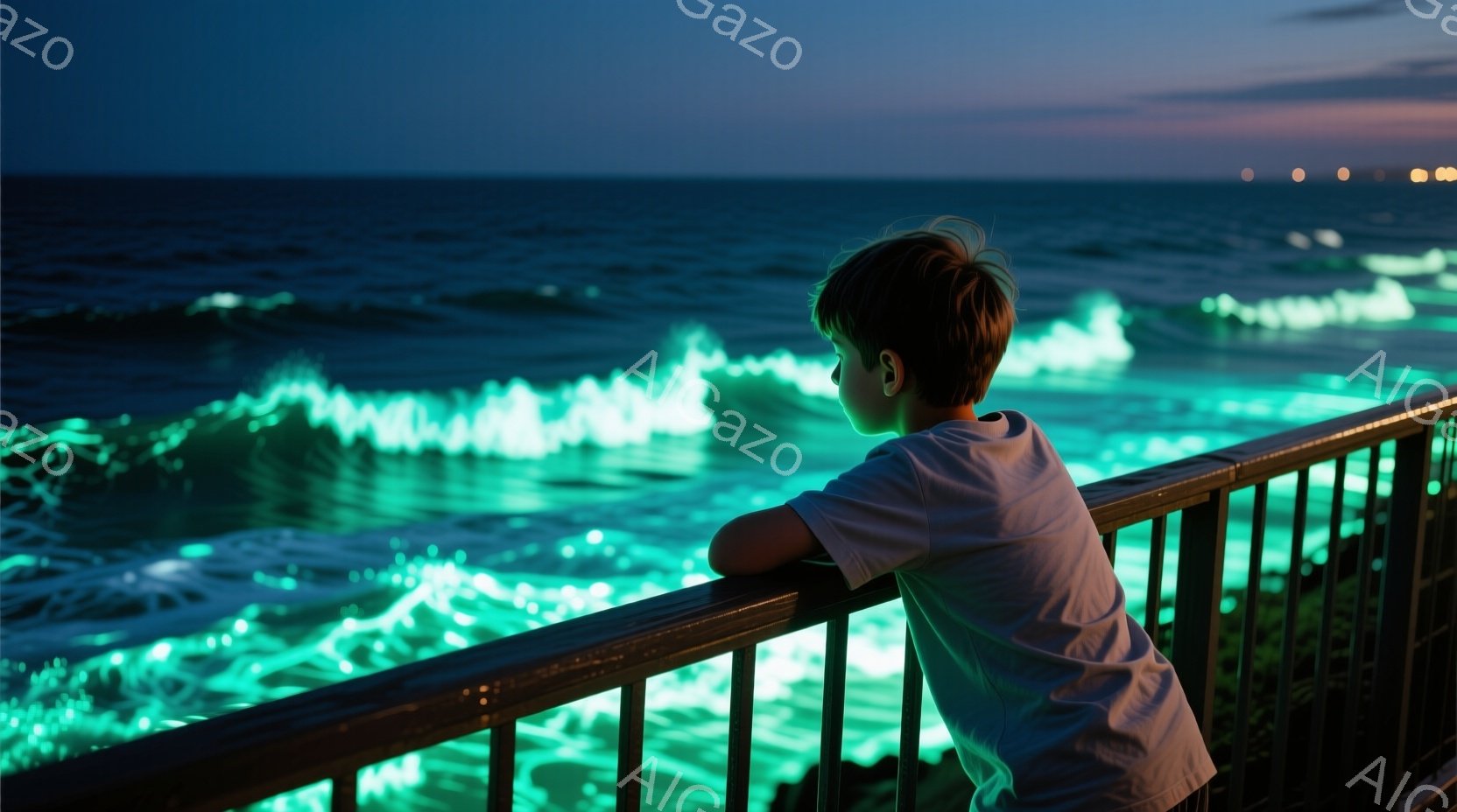少年は白いTシャツを着て、海に向かって肘をついて立っている。彼の髪は短く、暗い背景の中で青白い波が光り、幻想的な雰囲気を醸し出している。手すりのあるバルコニーから、少年は夜の海を眺めているようだ。