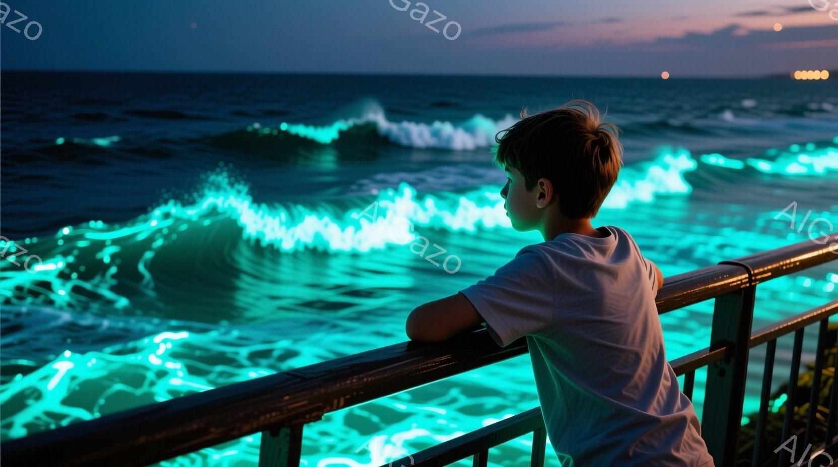 海岸の柵にもたれかかり、少年が海を眺めている。彼は白いTシャツを着ており、短く刈り込まれた髪をしている。背景には、夜に光る緑色の波が広がり、幻想的な雰囲気を醸し出している。
