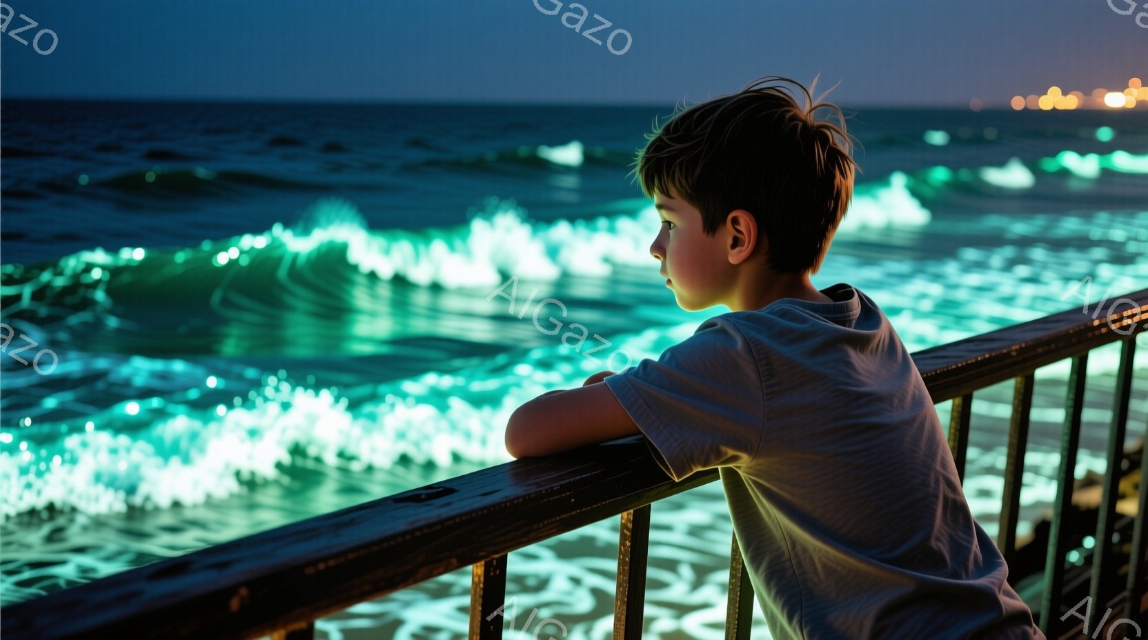 少年は、手すりに肘をついて海を眺めている。短い茶色の髪を持ち、青いTシャツを着ている。背景は夜の海で、波が光って緑色に見え、遠くには光が点在する。