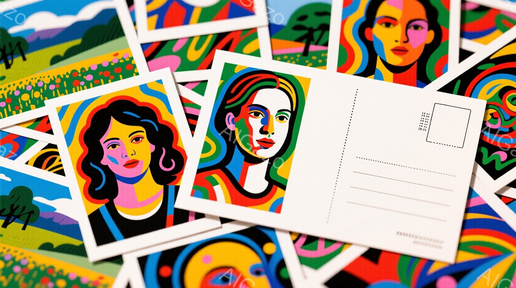 白い背景に、鮮やかな色彩で描かれた人物や風景のイラストが重ねて配置されています。女性たちはそれぞれ異なる髪型で、どこか憂いを帯びた表情をしています。背景には、緑の牧草地や青い空が描かれ、全体的にレトロでポップな雰囲気を醸し出しています。