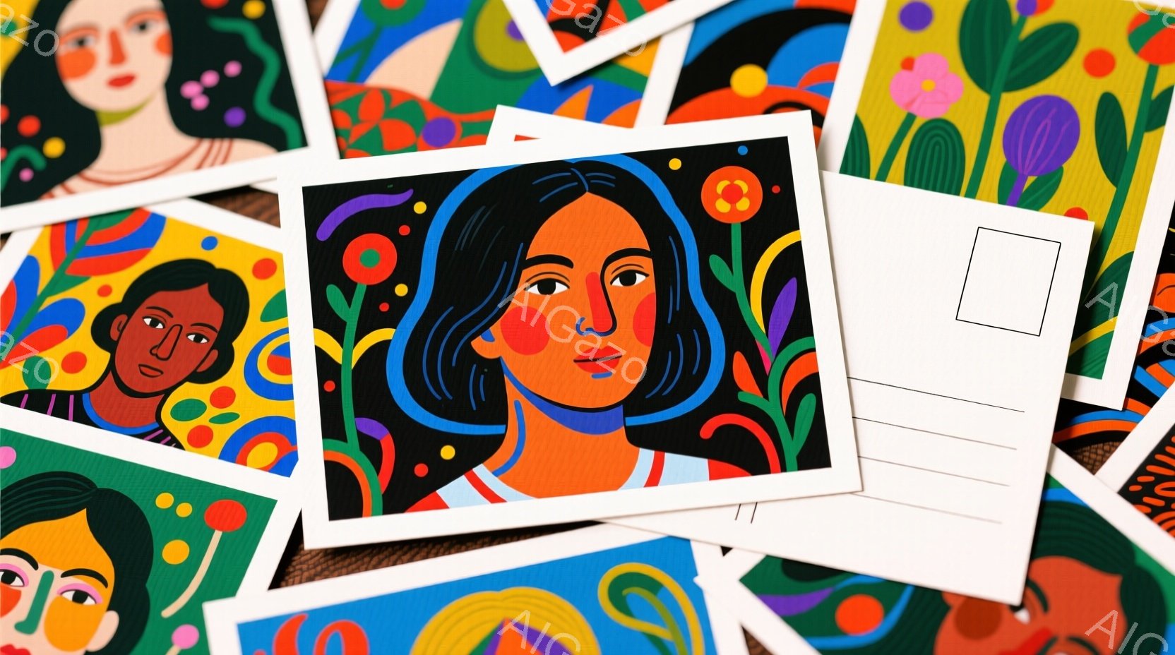 明るい色彩の人物画が描かれたポストカードが、互いに重なり合って写っている。女性たちはそれぞれ異なる髪型と表情で描かれており、鮮やかなオレンジ、ピンク、緑などの色が使われている。背景には花柄や曲線が描かれており、全体的にポップでレトロな雰囲気である。