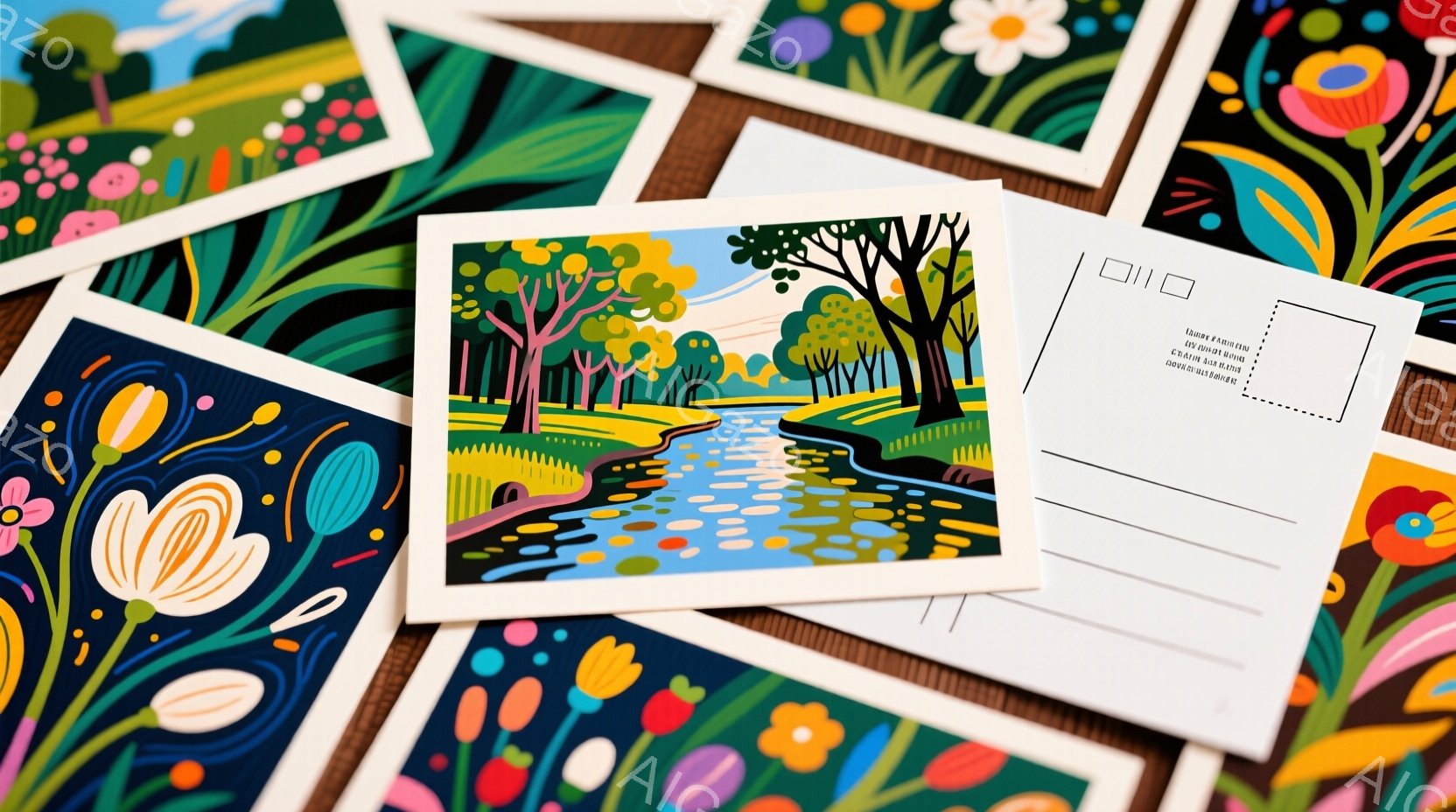 カラフルなイラストが描かれたカードが、白い背景の上に散らばって配置されている。カードには、花や植物、そして水路が描かれており、鮮やかな色彩と幾何学的な形状が特徴的だ。全体的に明るく、春らしい雰囲気を感じさせる、遊び心のあるデザインである。