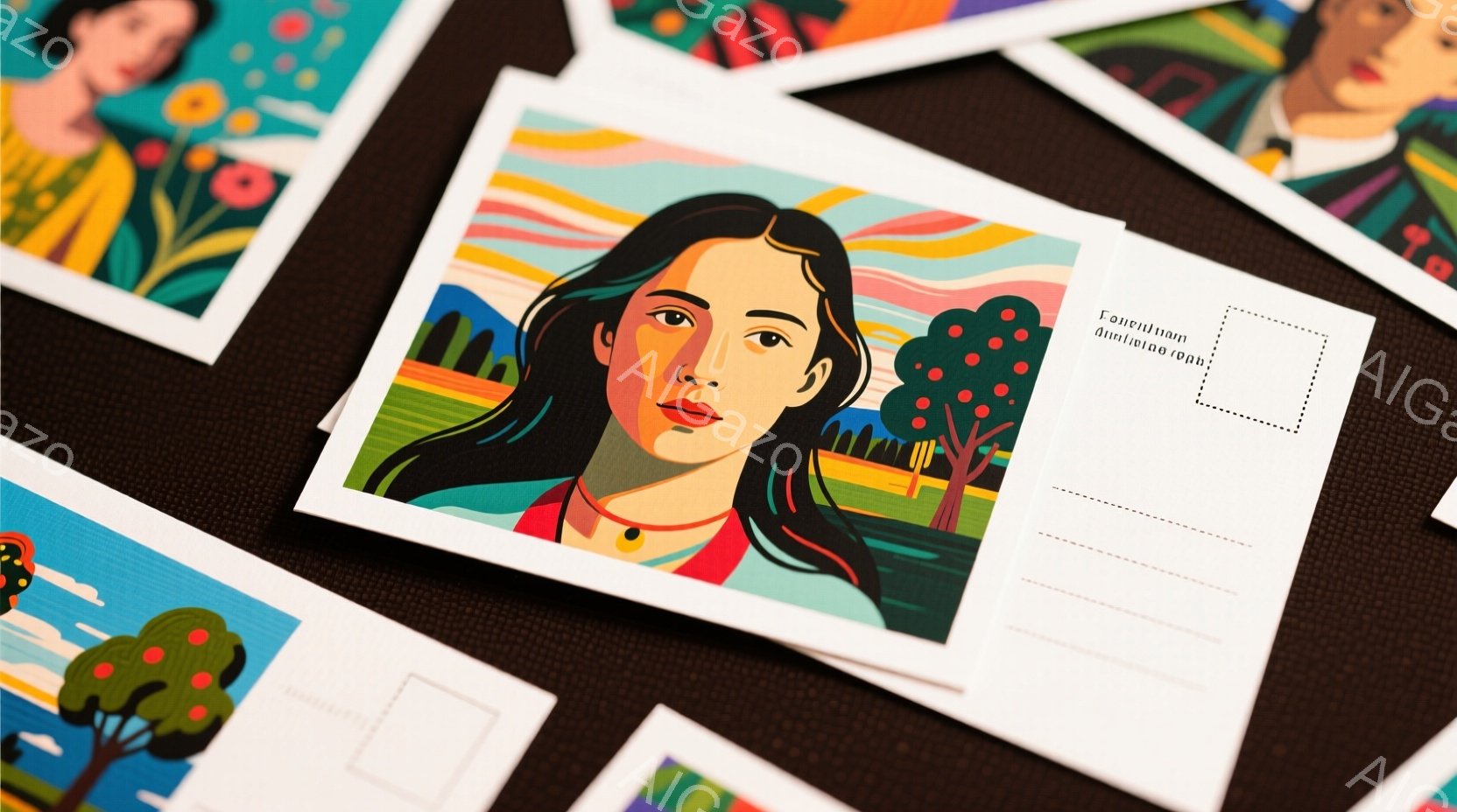 明るい色彩のイラストが描かれたポストカードが複数、茶色の表面に散らばっている。女性が描かれたカードは、暗褐色の髪を長く後ろに垂らし、赤い口紅を塗った姿で、穏やかな表情を見せている。背景には、緑の木々が点在する平原が描かれ、空は暖色系のグラデーションで表現されている。