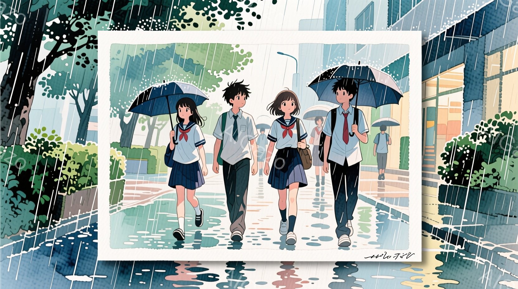 制服を着た4人の学生が雨の中を歩いている様子が描かれている。彼らは皆、黒髪で、それぞれの表情はやや伏せており、どこか憂いを帯びている。背景には、水面に反射した光が映るアスファルトの道、緑豊かな木々、そしてぼんやりとした建物が見え、雨の日のしっとりとした雰囲気が漂っている。