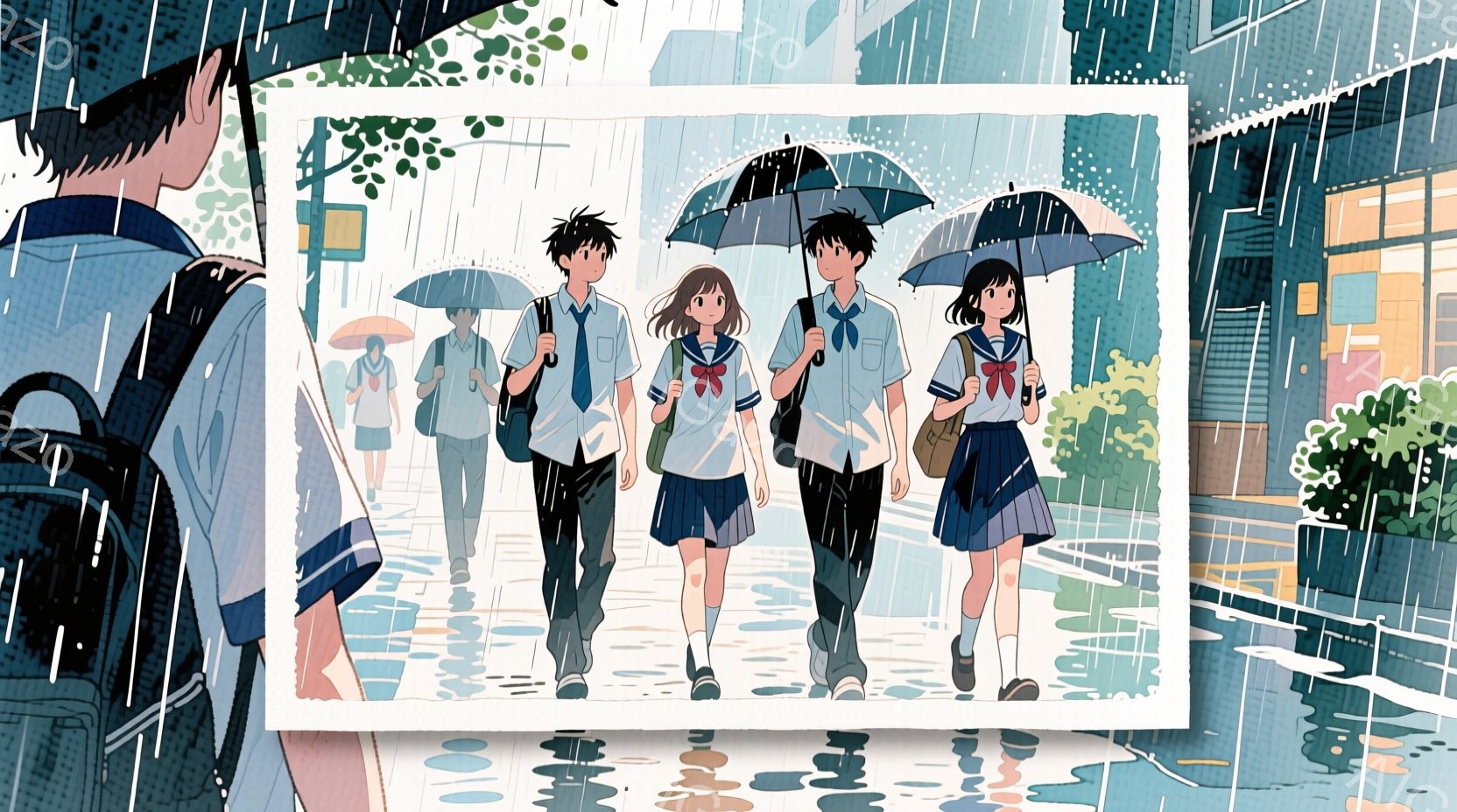制服姿の高校生たちが雨の中、歩道を歩いている様子が描かれている。男子生徒は紺色のブレザー、女子生徒は水色のブラウスと紺色のスカートを着用し、皆赤いリボンを締めている。背景には、雨に濡れた建物や緑豊かな木々が描かれ、全体的に少しノスタルジックで、青春を感じさせる雰囲気である。