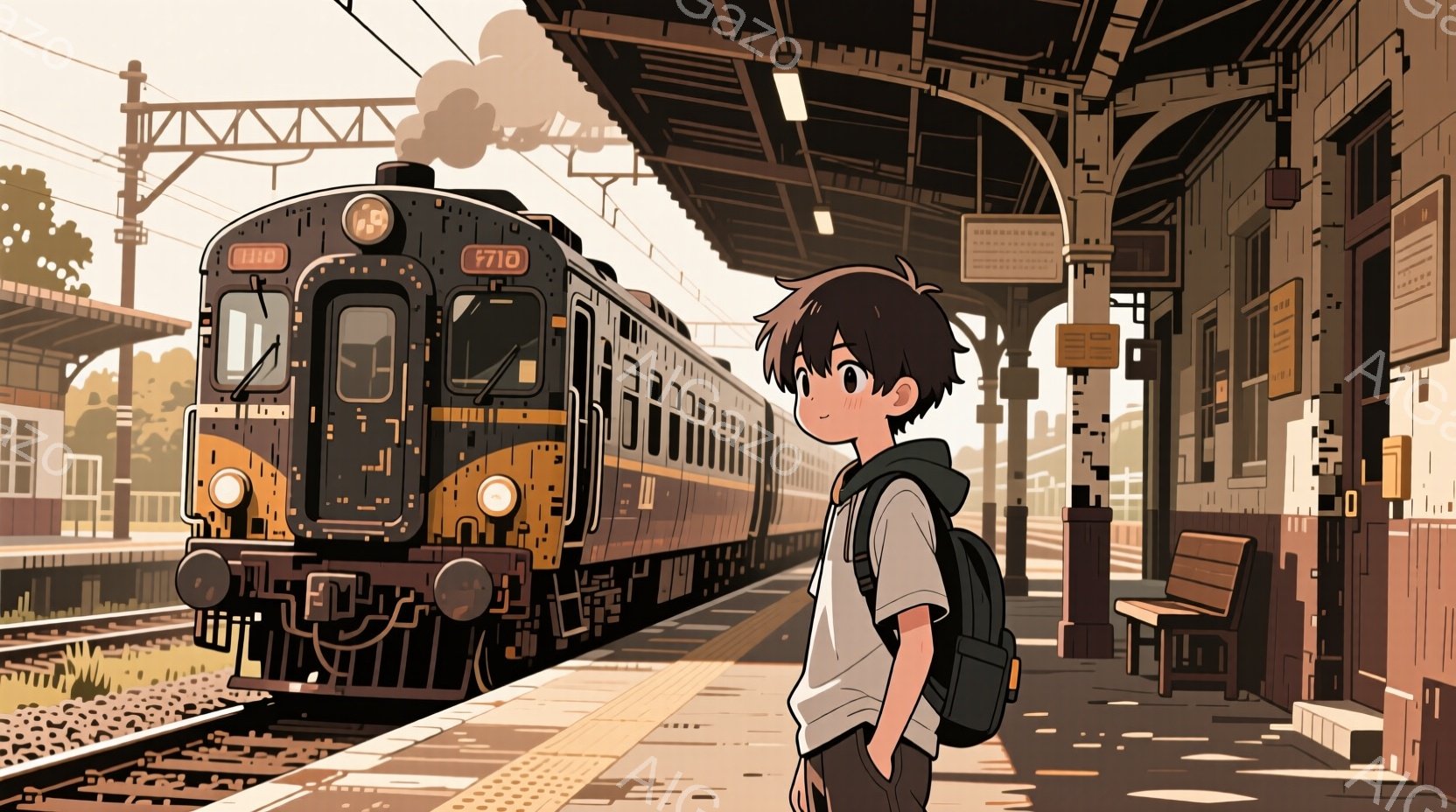 黒髪の少年が駅のホームに立っており、肩にリュックサックを背負っています。彼は少し上目遣いで、どこか寂しげな表情をしています。背景には、レトロなデザインのディーゼル機関車と、古びた駅舎、そして薄曇りの空が広がっており、どこか懐かしい雰囲気を醸し出しています。
