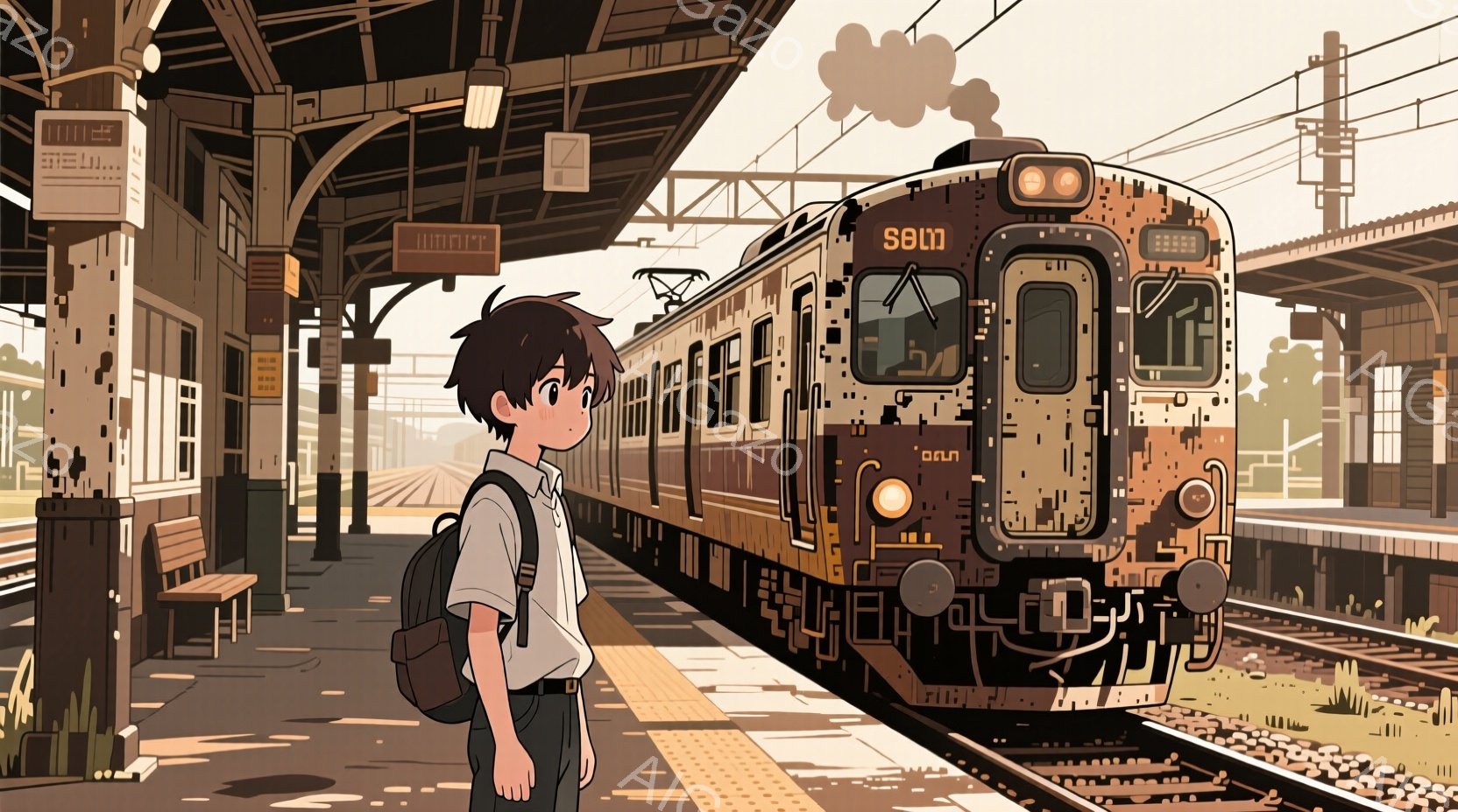 茶色がかかったセピア色の風景の中に、少年が駅のホームに立っている。彼は紺色のブレザーに白いシャツを着て、肩にリュックサックを背負い、黒髪の短髪に整えられている。背景には、古びた車両と、薄暗くぼやけた建物と自然が描かれており、全体的にノスタルジックで少し寂しげな雰囲気が漂っている。