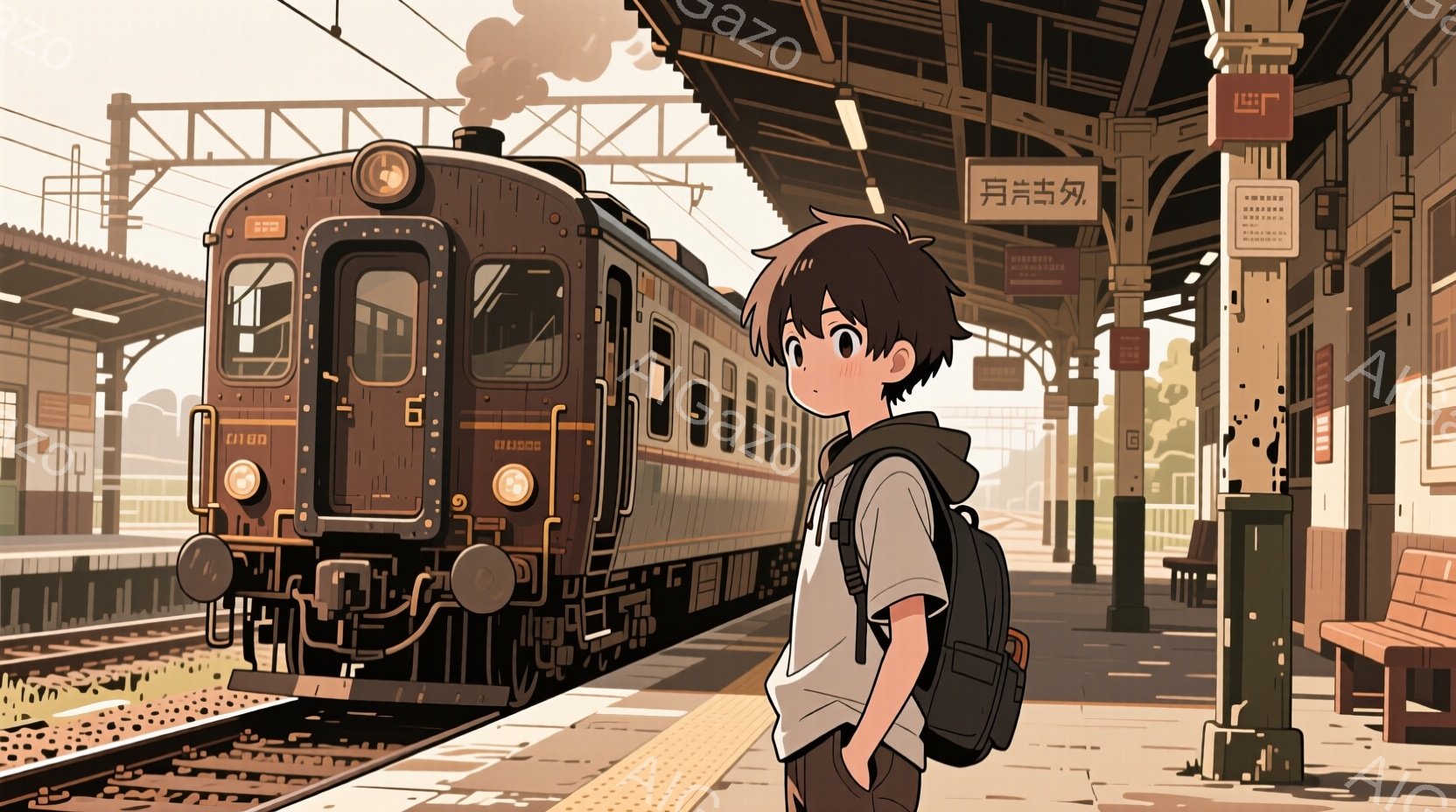 茶色のプラットフォームに若い男性が立っており、肩に黒いリュックを背負い、白いシャツと茶色のズボンを着用しています。彼は少し上を見つめ、横に並んだ古い蒸気機関車が背景にあり、駅の屋根と柱が配置されていま - AI生成フリー素材