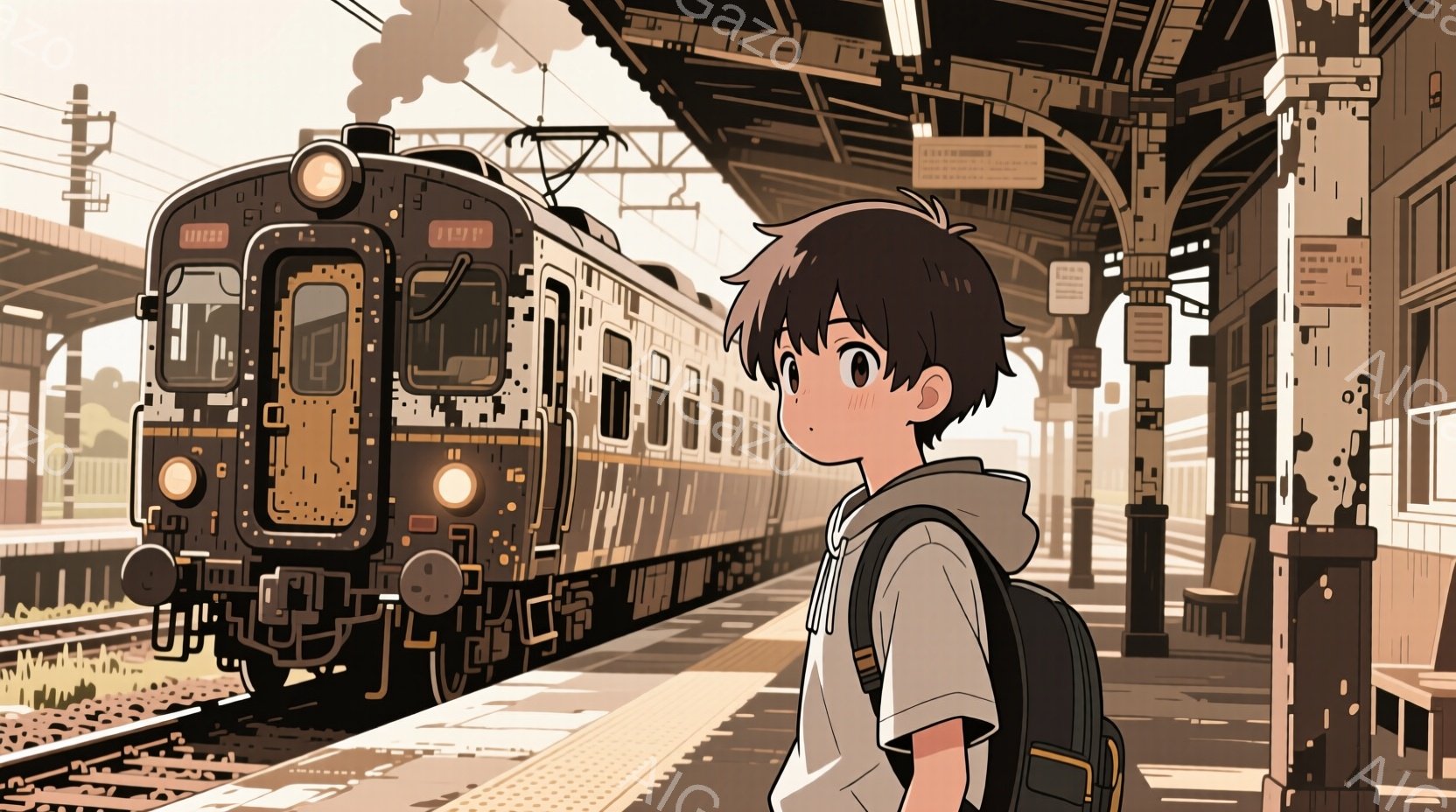 少年はリュックサックを背負い、プラットフォームに立って蒸気機関車を見上げています。彼の髪は黒く、少し癖があり、表情はどこか物憂げで、遠くを見つめています。背景にはレトロな駅舎と蒸気を上げている蒸気機関車があり、どこか懐かしい雰囲気を醸し出しています。