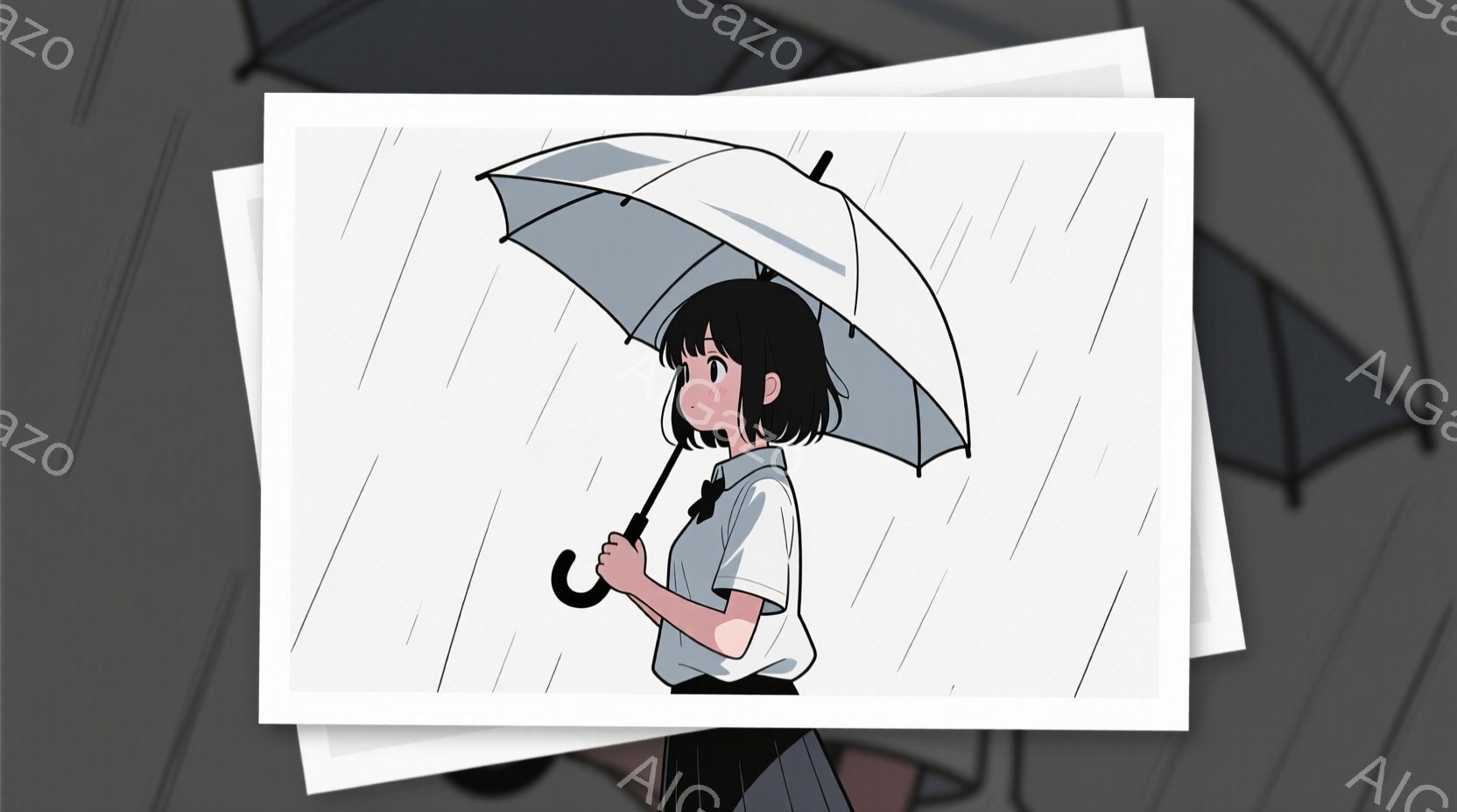 黒髪の少女が雨の中、白い傘をさして立っている。白いシャツにスカート姿で、どこか物憂げな表情を浮かべている。背景は雨粒が降り注ぐシンプルな背景で、全体的にしっとりとした、少し寂しげな雰囲気を醸し出してい - AI生成フリー素材