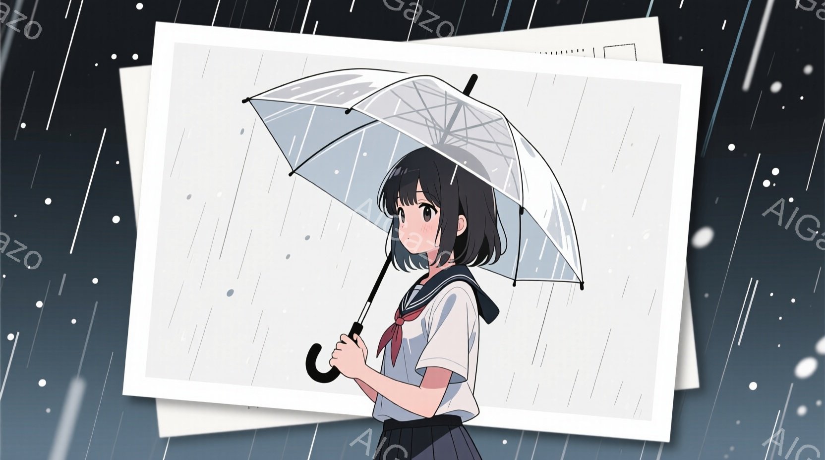 黒髪のショートヘアの少女が、透明な傘を手に立っている。紺色のセーラー服と赤いリボンが特徴的で、少し物憂げな表情をしている。背景は雨が降りしきる夜空で、白い紙が何枚か重ねられたような表現が、どこか懐かしい雰囲気を醸し出している。