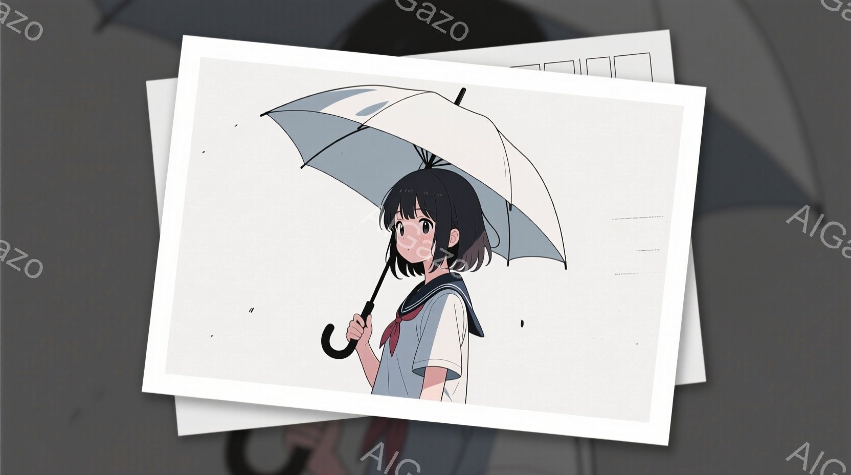黒髪のショートヘアの少女が、グレーがかった青色の傘を手に立っている。白いシャツに赤いネクタイ、セーラーカラーの制服を着ており、少し憂いを帯びた表情をしている。背景はぼやけており、いくつかの白い紙の層が重なっている様子で、全体的に静かで物憂げな雰囲気を醸し出している。