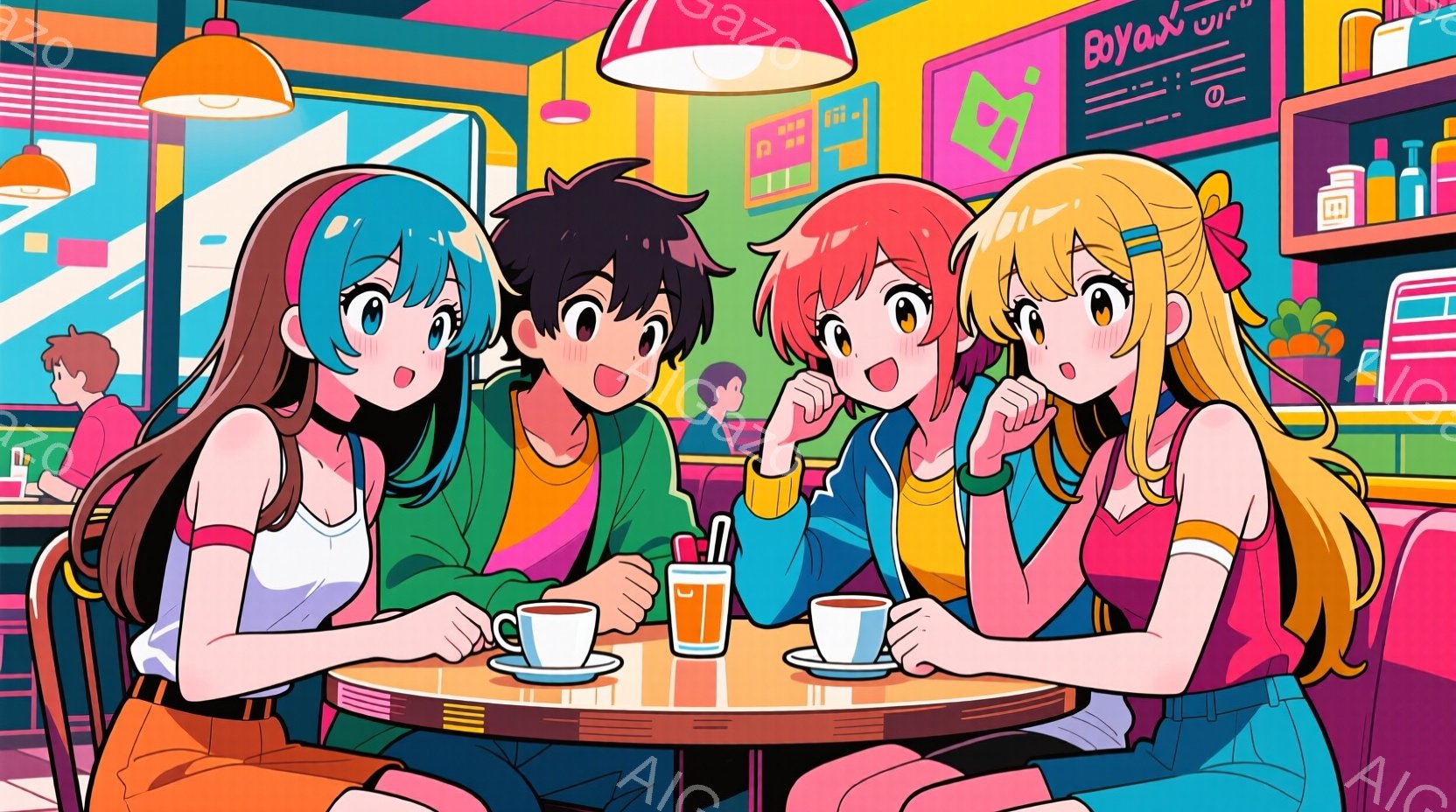 鮮やかな色彩で描かれたカフェの内部で、三人の若い男女がテーブルを囲んで座っています。女性はそれぞれ明るい色のトップスとスカートを身につけ、特徴的な髪型と笑顔を見せています。背景にはレトロな雰囲気の装飾やカウンター、そしてカラフルな照明が配置され、活気のあるカフェの雰囲気を醸し出しています。