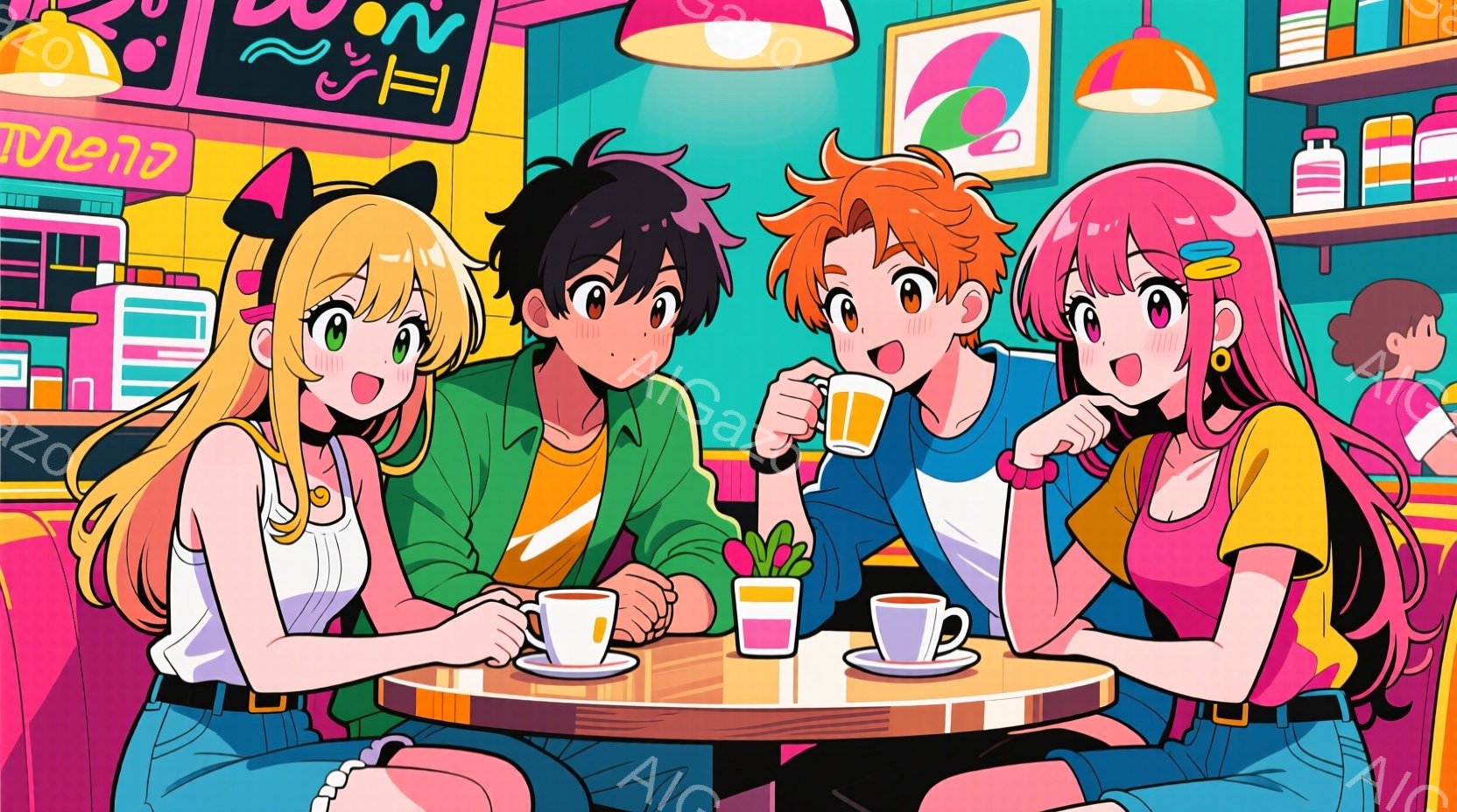 4人の若い男女がカフェのような場所で円卓を囲んで座っています。女性は明るい色の髪で、それぞれ異なる服装をしていますが、カジュアルで可愛らしいスタイルです。背景にはカラフルな棚やカウンターがあり、全体的 - AI生成フリー素材