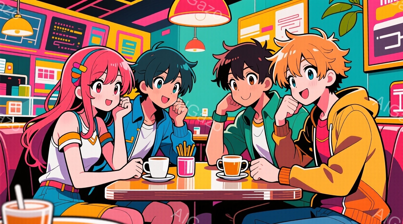 鮮やかな色彩で描かれたカフェの内部で、4人の若者がテーブルを囲んで座っています。ピンク色の髪をポニーテールにした少女、青い髪の少年、黒髪の少年、そしてオレンジ色の髪の少年がそれぞれカジュアルな服装で、 - AI生成フリー素材