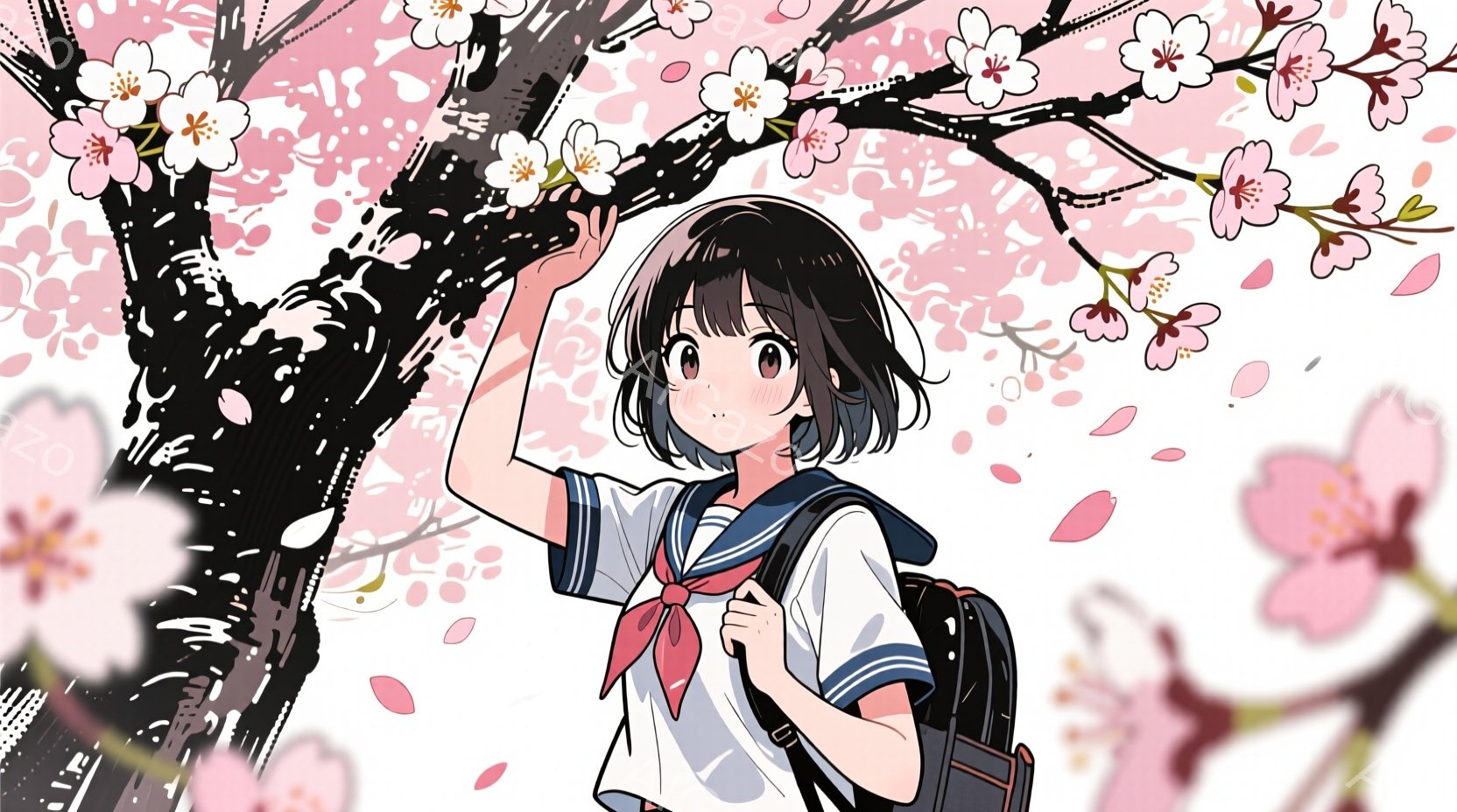 黒髪の短いボブヘアで、制服を着た少女が描かれています。彼女は肩にリュックサックを背負い、片手を上げて桜の枝に触れようとしています。背景には桜の花びらが舞い散る桜の木があり、春の暖かく穏やかな雰囲気を醸 - AI生成フリー素材