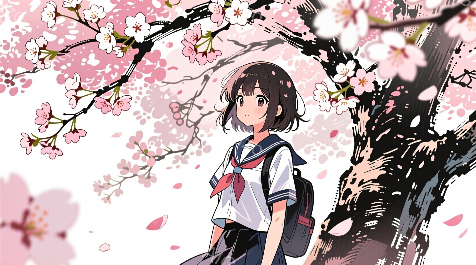 短い茶色の髪の少女が描かれており、制服姿でリュックサックを背負っている。彼女は少し上を見上げており、穏やかな表情を浮かべている。背景には桜の木と散りゆく桜の花びらが描かれ、春の暖かく穏やかな雰囲気を醸 - AI生成フリー素材