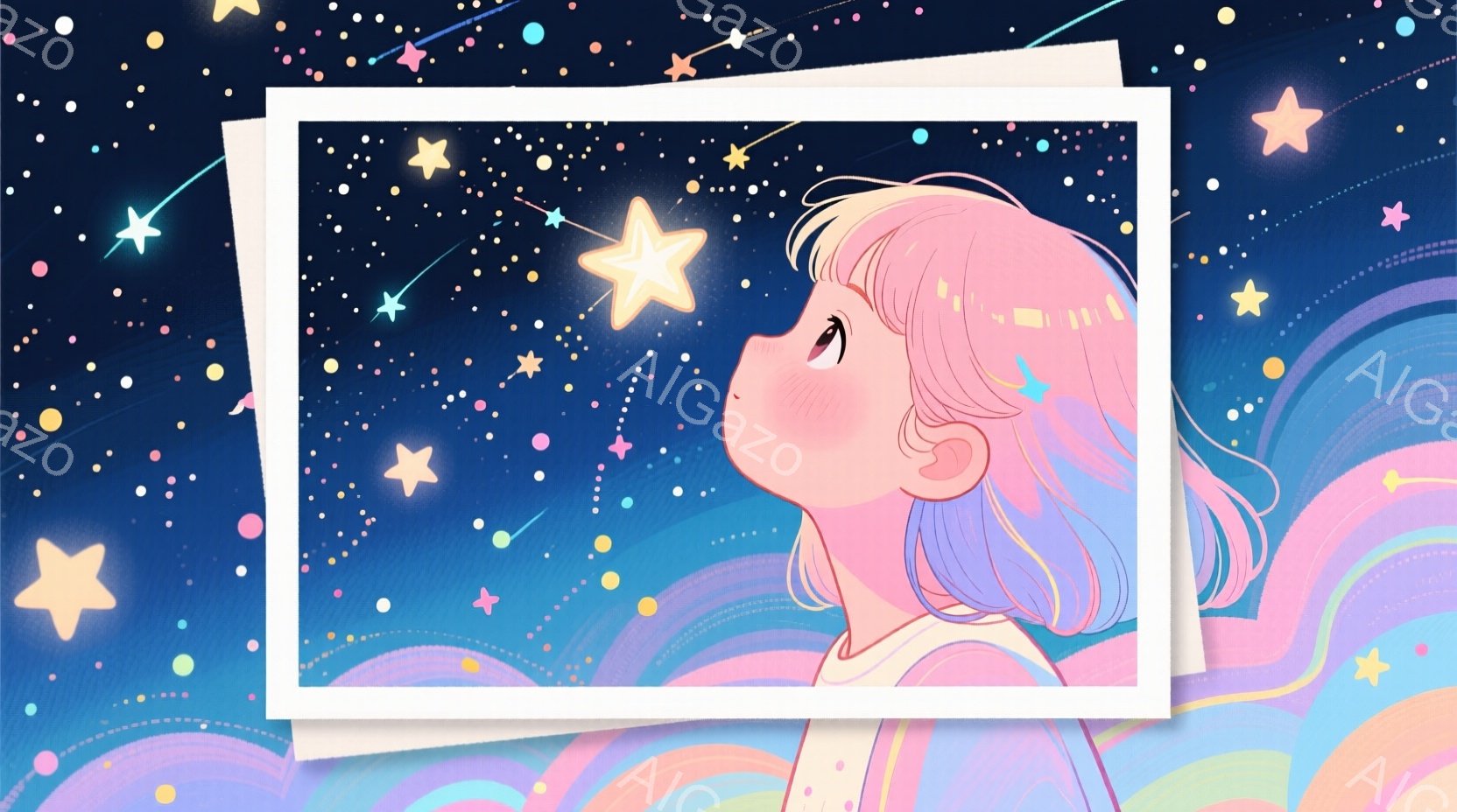 少女は夜空を見上げ、頬を赤らめて微笑んでいます。彼女はピンクと水色のグラデーションの髪をしており、白い服を着ています。背景は渦巻くような虹色の模様と、様々な大きさの星で満たされており、幻想的で夢のような雰囲気です。