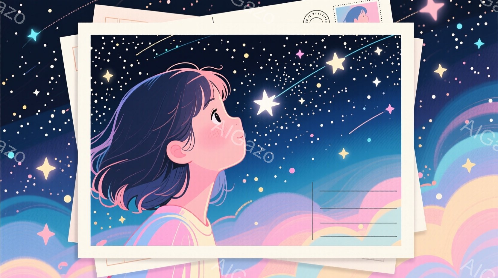 短い茶色の髪の少女が夜空を見上げています。ピンク色の服を着ており、顔には穏やかな微笑みが浮かんでいます。背景には、星と雲が広がり、夢のような雰囲気を醸し出しています。