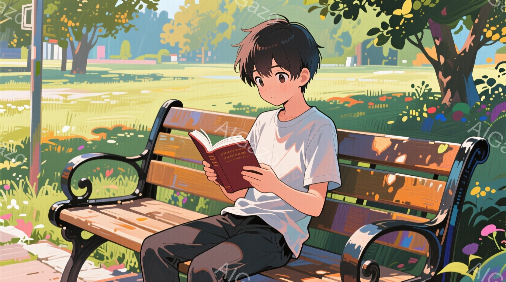 若い男性が公園のベンチに座って本を読んでいる。彼は白いTシャツと濃い色のズボンを着用し、黒髪を短く整えている。背景には緑豊かな木々や植物、そしてぼやけた建物が見え、晴れた日の穏やかな雰囲気が漂っている。