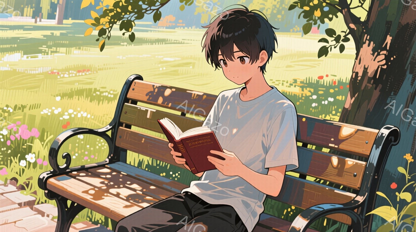 短い黒髪で、前髪が少し目にかかる少年が、公園のベンチに座って本を読んでいる。白いTシャツと濃い色のズボンを着用し、リラックスした姿勢で、穏やかな表情をしている。背景には、緑豊かな草地、咲き誇る花々、遠 - AI生成フリー素材