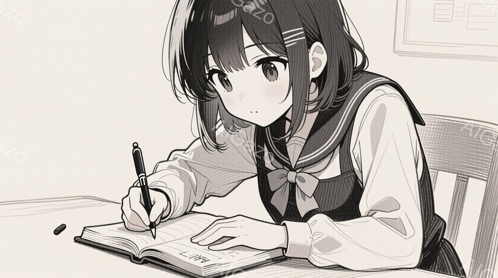 制服を着た若い女性が描かれており、短い黒髪で、前髪は少しカールしている。彼女は机に向かってノートに何かを書き込んでおり、集中した表情をしているが、頬は少し赤くなっている。背景はシンプルな壁と窓で、集中して勉強しているような静かで落ち着いた雰囲気である。