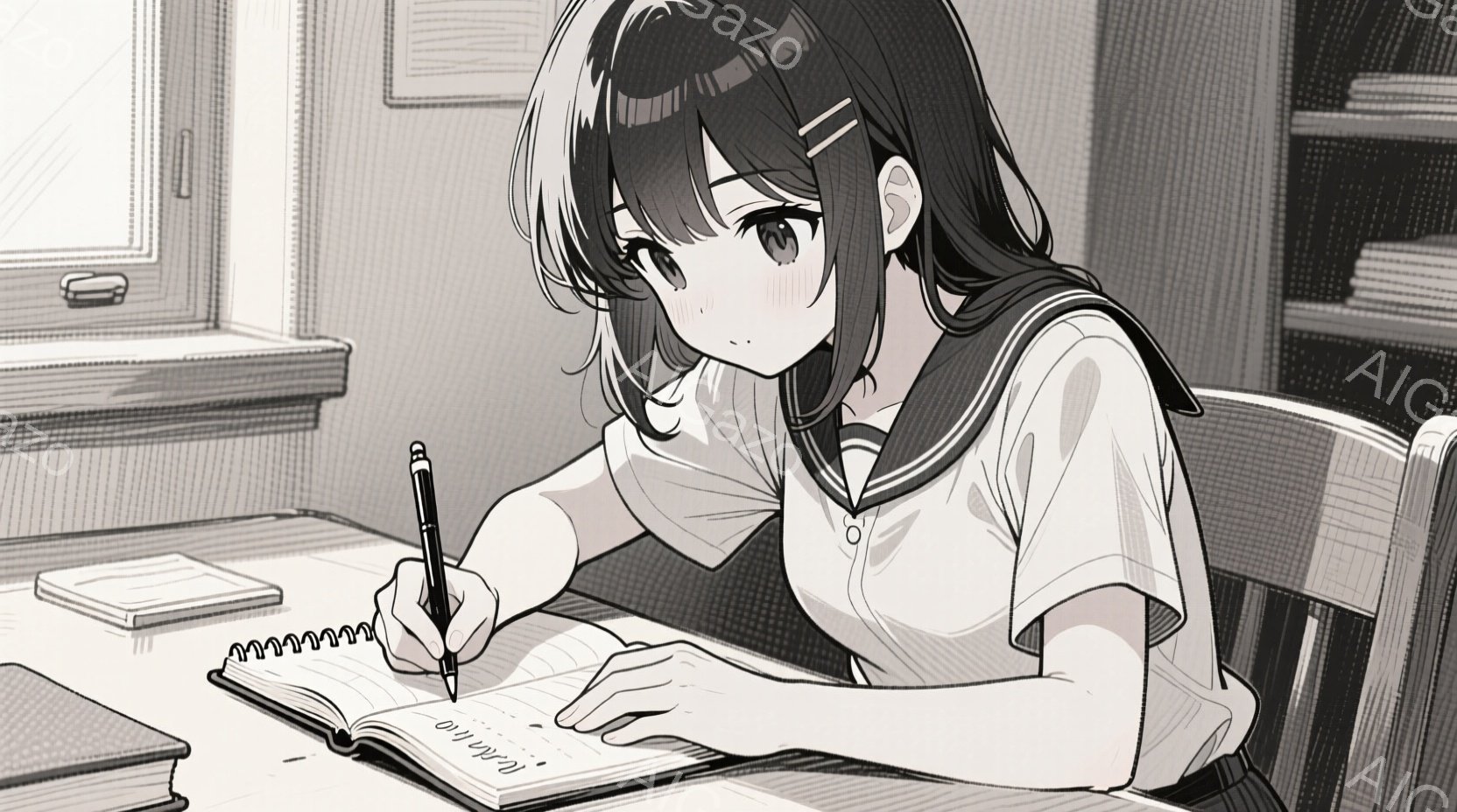 制服を着た少女が机に向かってノートに書き込んでいる様子を描いています。彼女は黒髪で、サイドに髪飾りをつけており、集中した表情で筆記しています。背景には窓と本棚が見え、教室のような静かで落ち着いた雰囲気が漂っています。