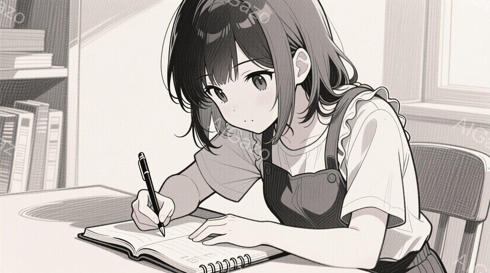 黒髪の少女が机に向かい、ノートにペンで書き込んでいる様子を描いています。彼女は白いTシャツの上にオーバーオールを着ており、髪は肩まで伸びたゆるいカールです。集中した表情で、少し伏し目がちになっています。