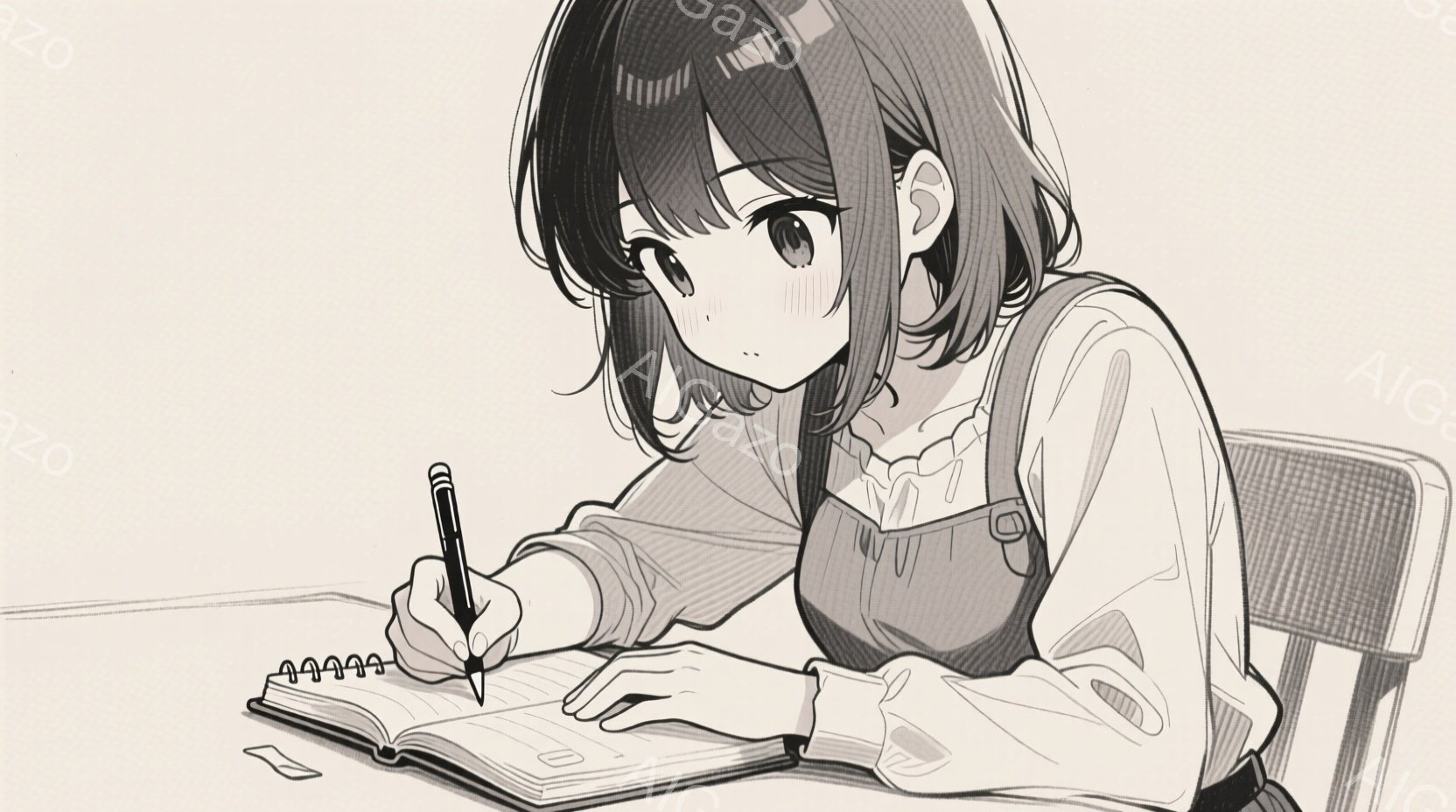茶色の髪の少女が、開いたノートにペンで何かを書いている様子が描かれています。白いブラウスと茶色のベストを着ており、姿勢は少し前かがみです。背景はぼやけていますが、木製の椅子と机があり、静かで落ち着いた - AI生成フリー素材