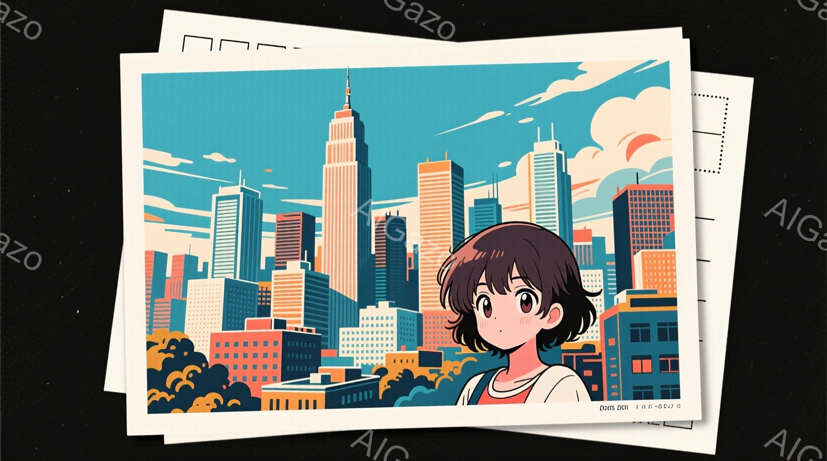 都市のスカイラインを背景にした若い女性を描いています。彼女は赤いトップスと白いストラップの付いたタンクトップを着ており、髪は短い茶色で、少しカールしています。表情は控えめで、どこか物憂げで、背景のカラ - AI生成フリー素材