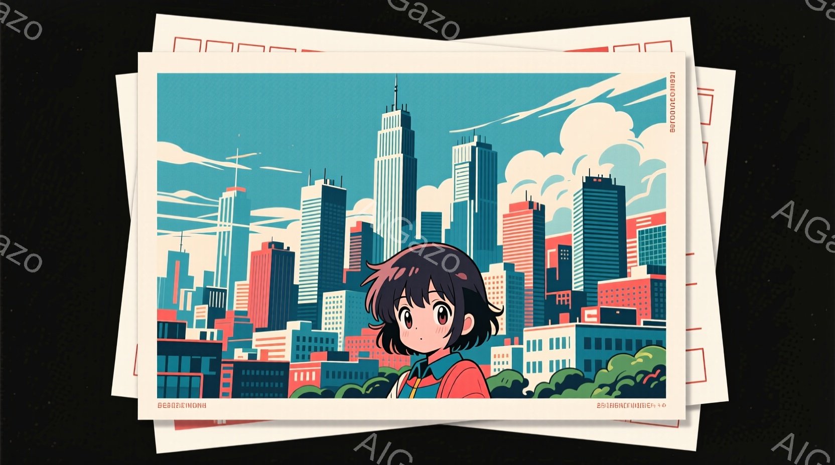 明るい赤色の髪を短く切り揃えた少女が描かれています。彼女は濃い青色のジャケットと白いシャツを着ており、少し照れたような表情を浮かべています。背景にはカラフルな高層ビル群が立ち並び、緑の丘と白い雲が広が - AI生成フリー素材