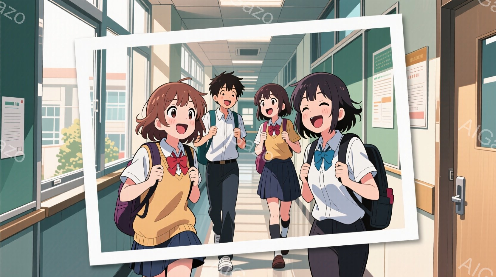 廊下を四人の学生が歩いているアニメ風のイラストです。制服姿で、女の子はそれぞれ髪型が異なり、明るい表情で前を向いています。背景は学校の廊下で、窓から光が差し込み、全体的に明るく、活気のある雰囲気です。 - AI生成フリー素材