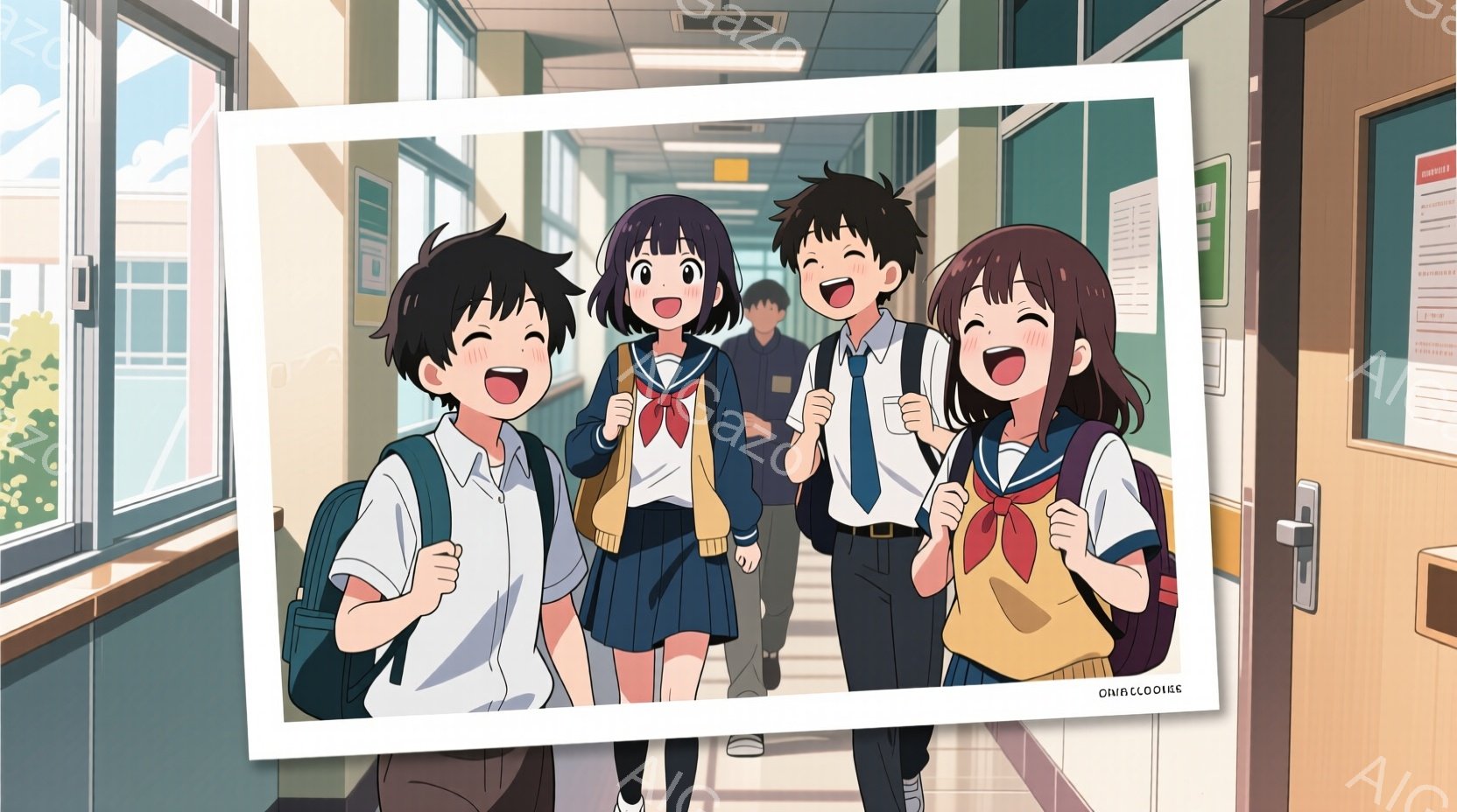 紺色のブレザーに赤いネクタイ、チェックのスカートを着た女子生徒2人と、白いシャツに紺のブレザー、スラックスを着用した男子生徒2人が、廊下を歩いている。生徒たちは皆、笑顔で、活気に満ちた表情をしている。背景には学校の廊下や窓が見え、明るい日差しが差し込み、全体的に爽やかで青春を感じさせる雰囲気である。