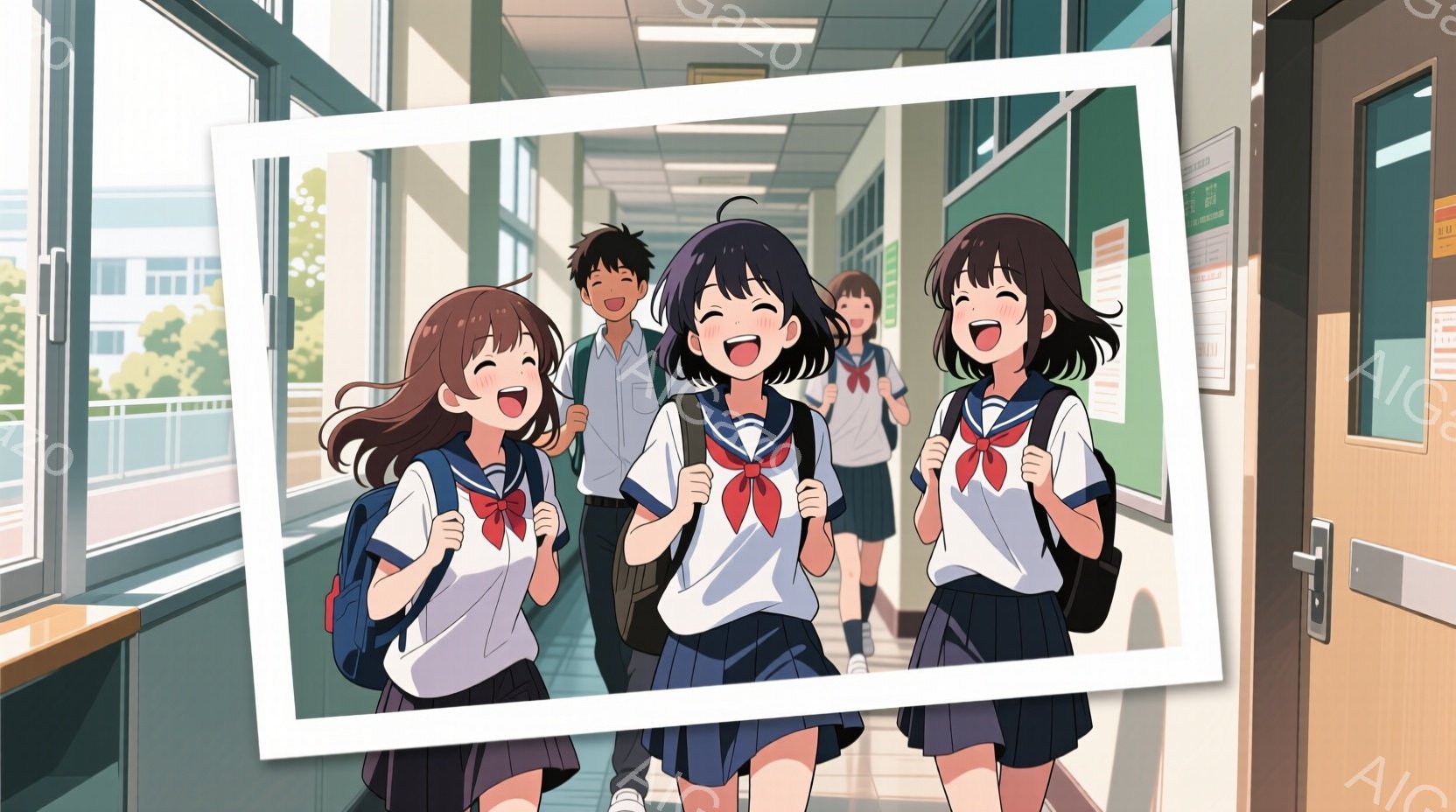 複数の女子高生が廊下を笑顔で走っている様子が描かれています。制服は白のブラウスに紺のスカート、赤いリボンが特徴で、髪型はショートヘアからロングヘアまで様々です。背景には学校の廊下と窓から見える緑豊かな風景が広がっており、明るく活気のある雰囲気が伝わってきます。