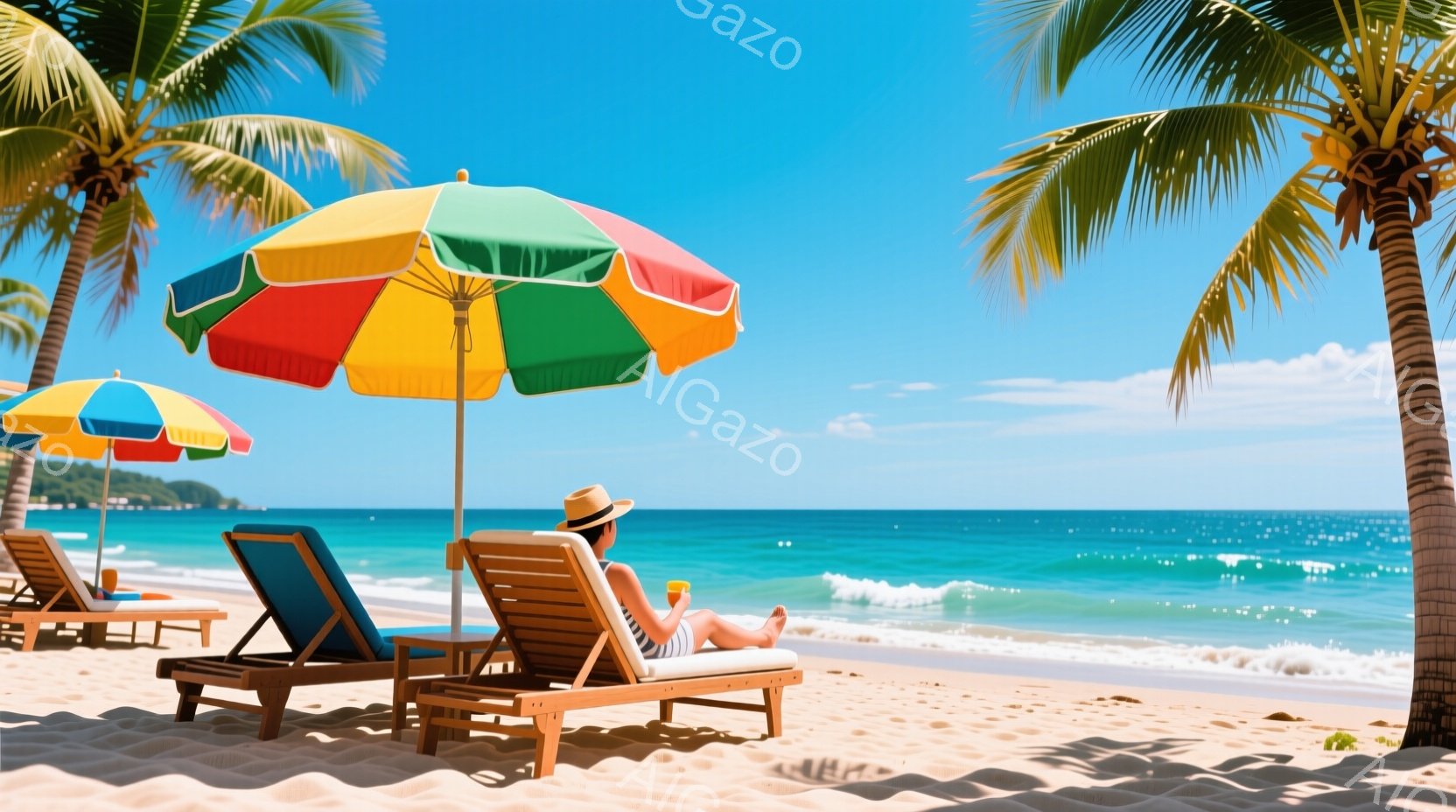 砂浜には、カラフルなパラソルとビーチチェアが並び、リラックスした女性が横たわっています。彼女は麦わら帽子をかぶり、ワンピースを着て、片手にオレンジジュースのような飲み物を持っています。背景にはエメラルドグリーンの海と白い波が広がり、青い空とヤシの木が楽園のような雰囲気を演出しています。