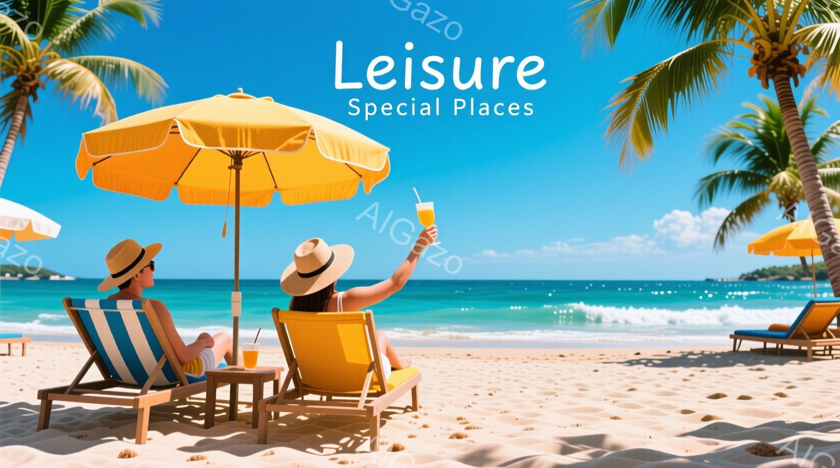 砂浜に青と白のストライプのデッキチェアに座った男女が、黄色いパラソルと青い海を背景にリラックスしています。女性は麦わら帽子をかぶり、オレンジ色のドリンクグラスを持っており、男性も麦わら帽子をかぶってリラックスした表情をしています。背景には青い空とヤシの木が見え、晴れた日差しが降り注ぐ、楽園のような雰囲気です。