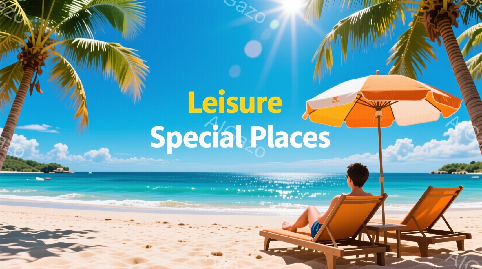 ターコイズブルーの海と白い砂浜に、リクライニングチェアに横たわる男性が描かれています。彼は青い水着と日焼けした肌をしており、リラックスした様子で目を閉じています。背景にはヤシの木が生い茂り、晴天の下、 - AI生成フリー素材