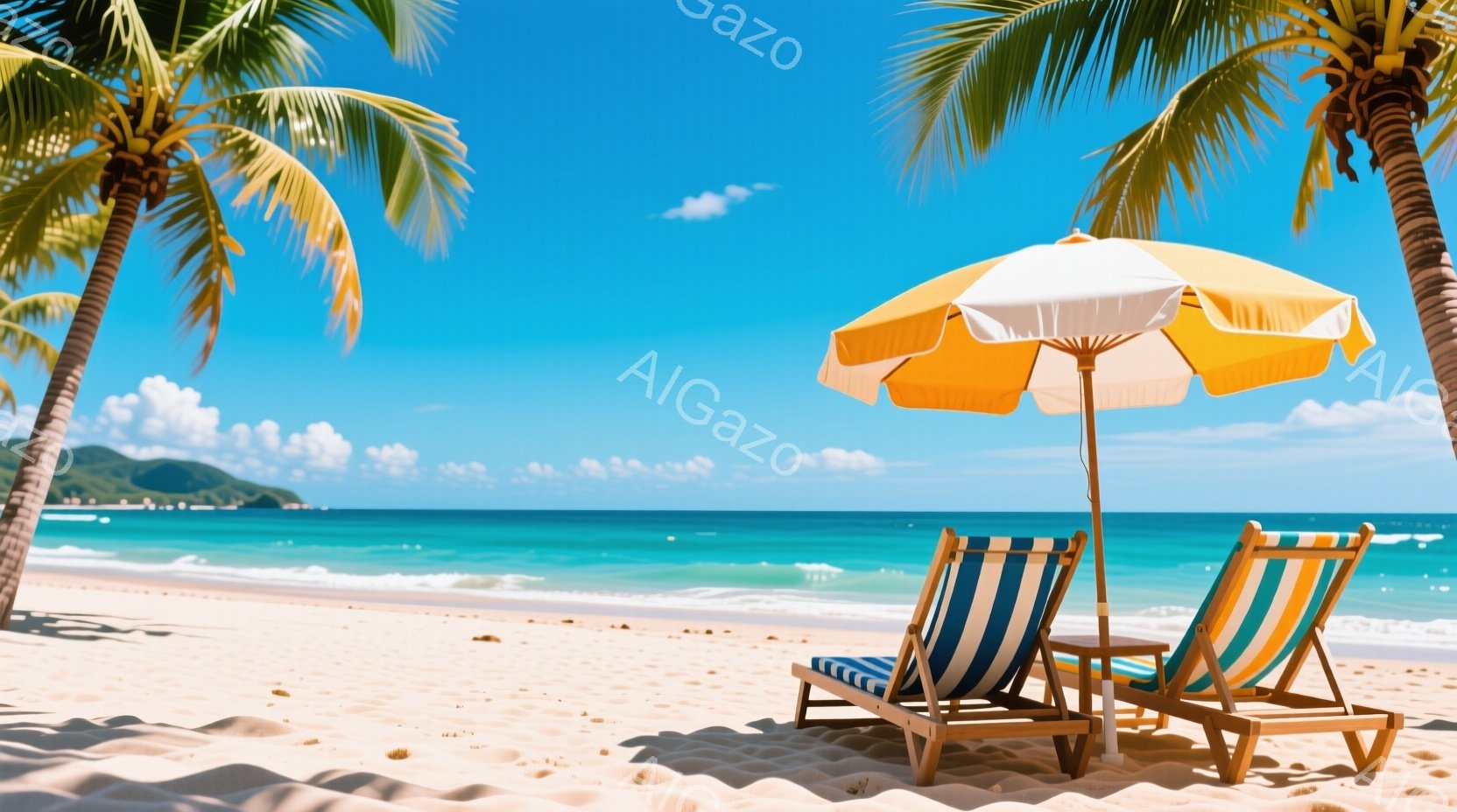 晴れた青空の下、白い砂浜にストライプ柄のビーチチェアが2脚並んで置かれています。ターコイズブルーの海と遠くに見える緑豊かな丘が広がり、パラソルの黄色が鮮やかなアクセントとなっています。穏やかでリラックスした、南国リゾートの雰囲気が漂う美しい風景です。